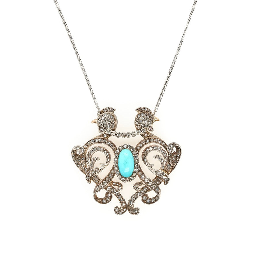 Edwardian Diamond and Turquoise Cockerel Pendant-Charlotte Sayers Antique Jewellery