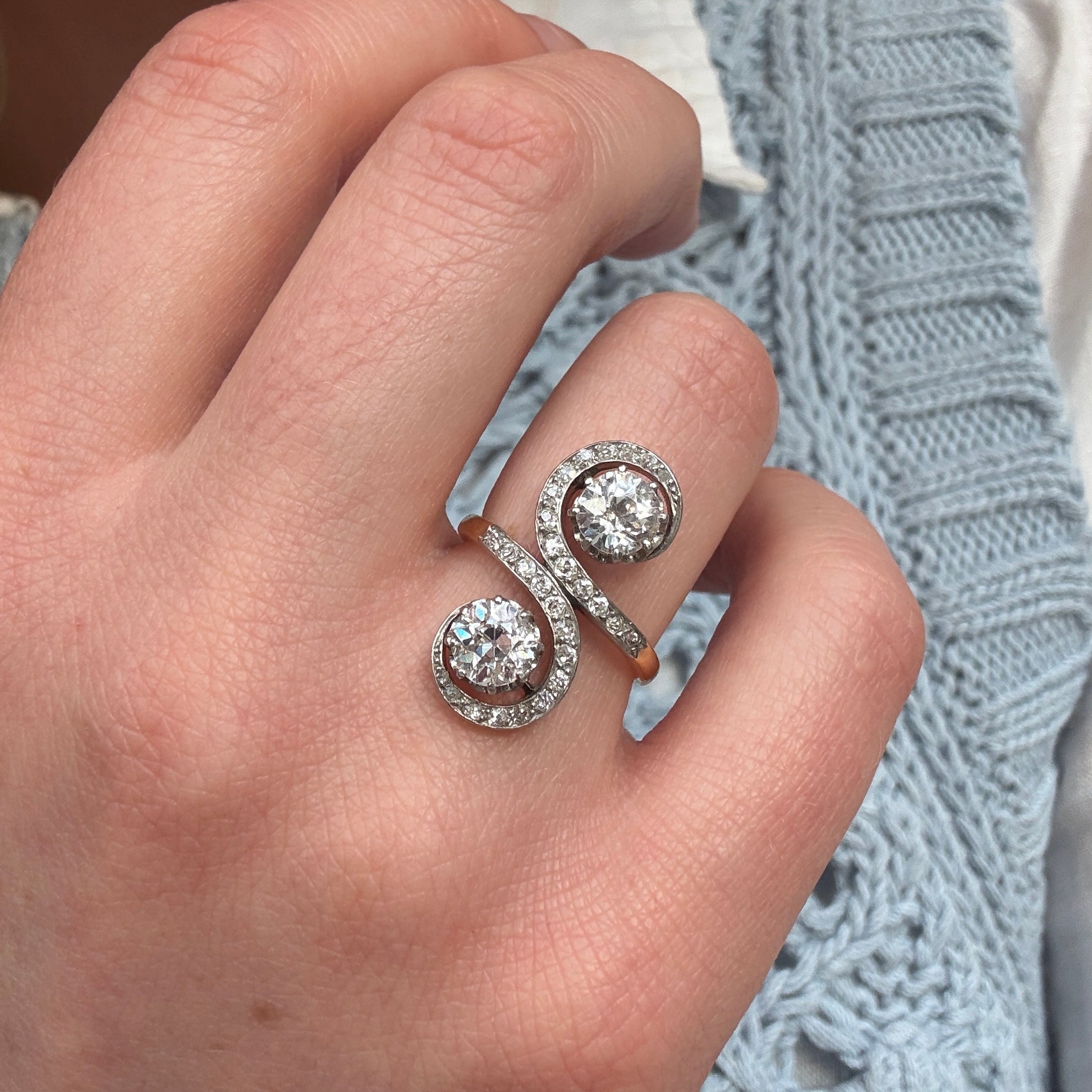 Edwardian Double Tourbillon Old Mine Cut Ring-Charlotte Sayers Antique Jewellery