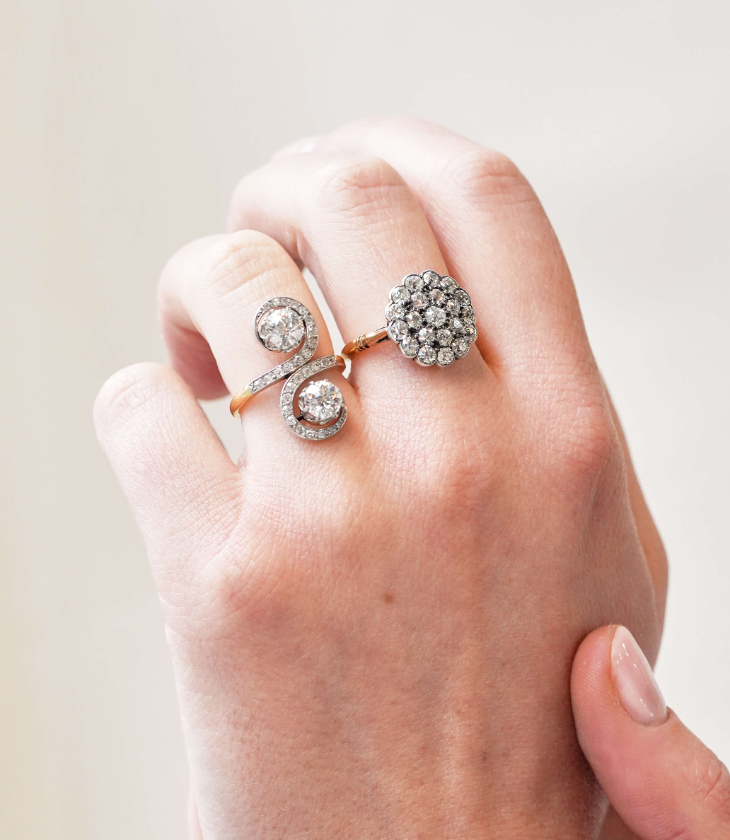 Edwardian Double Tourbillon Old Mine Cut Ring-Charlotte Sayers Antique Jewellery