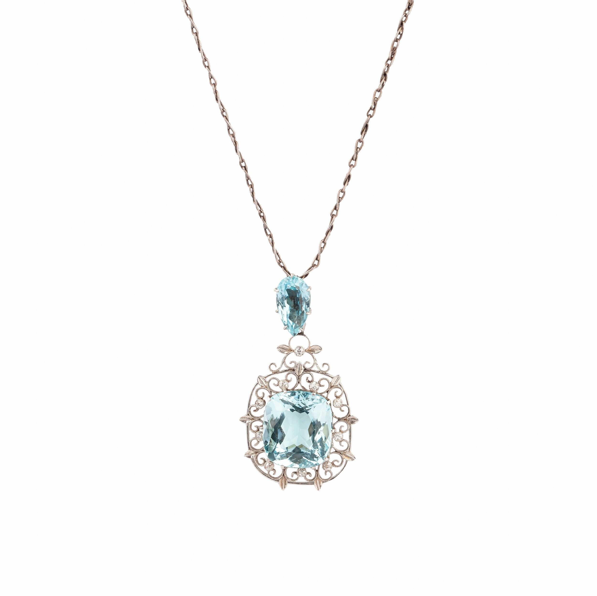 Edwardian Liberty Boxed Aquamarine and Diamond Pendant-Charlotte Sayers Antique Jewellery