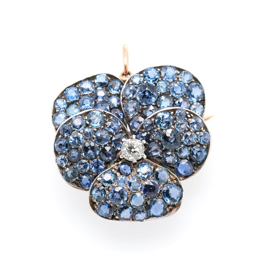 Edwardian Montana Sapphire Pansy Brooch / Pendant-Charlotte Sayers Antique Jewellery