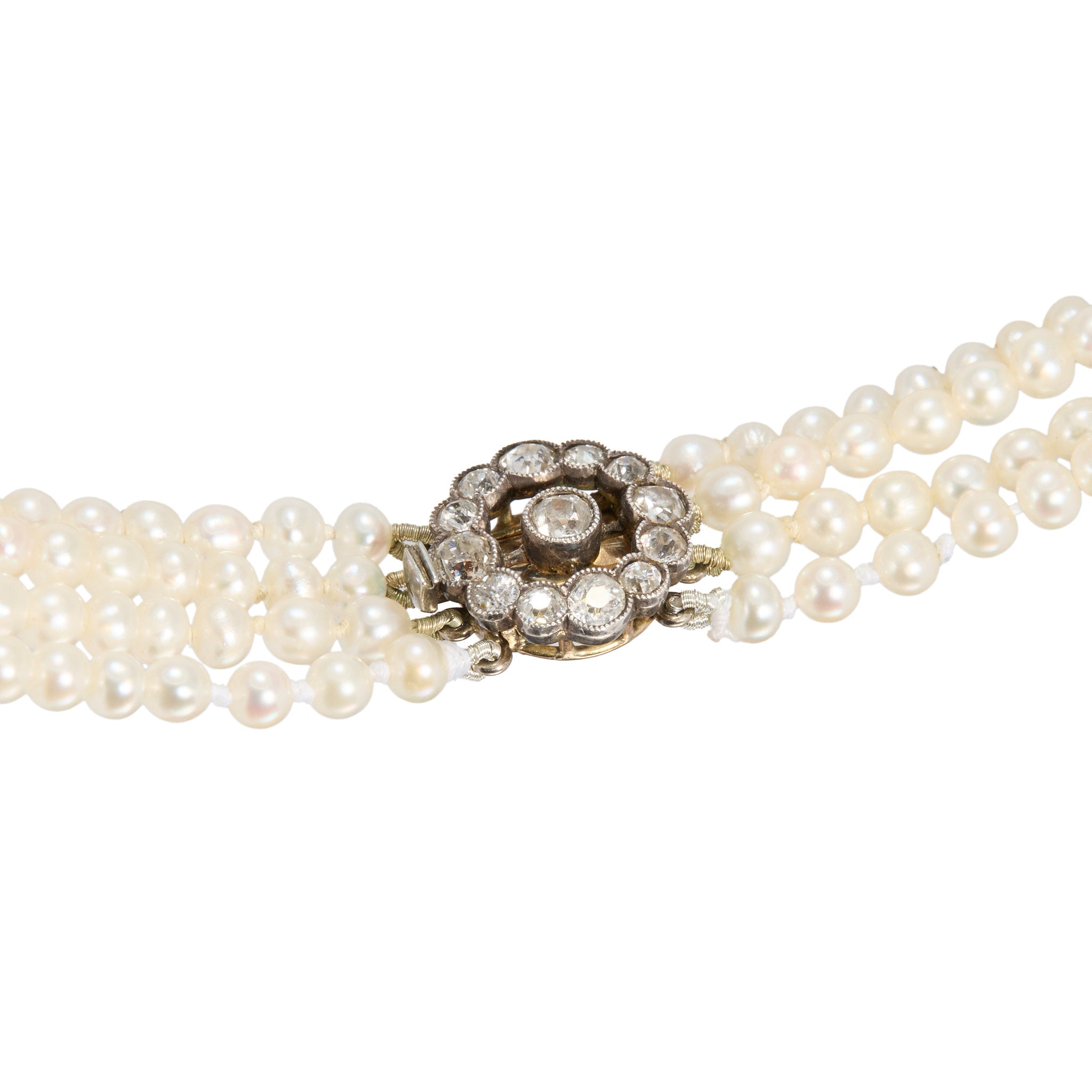 Edwardian Natural Pearl Necklace with Diamond Clasp-Charlotte Sayers Antique Jewellery