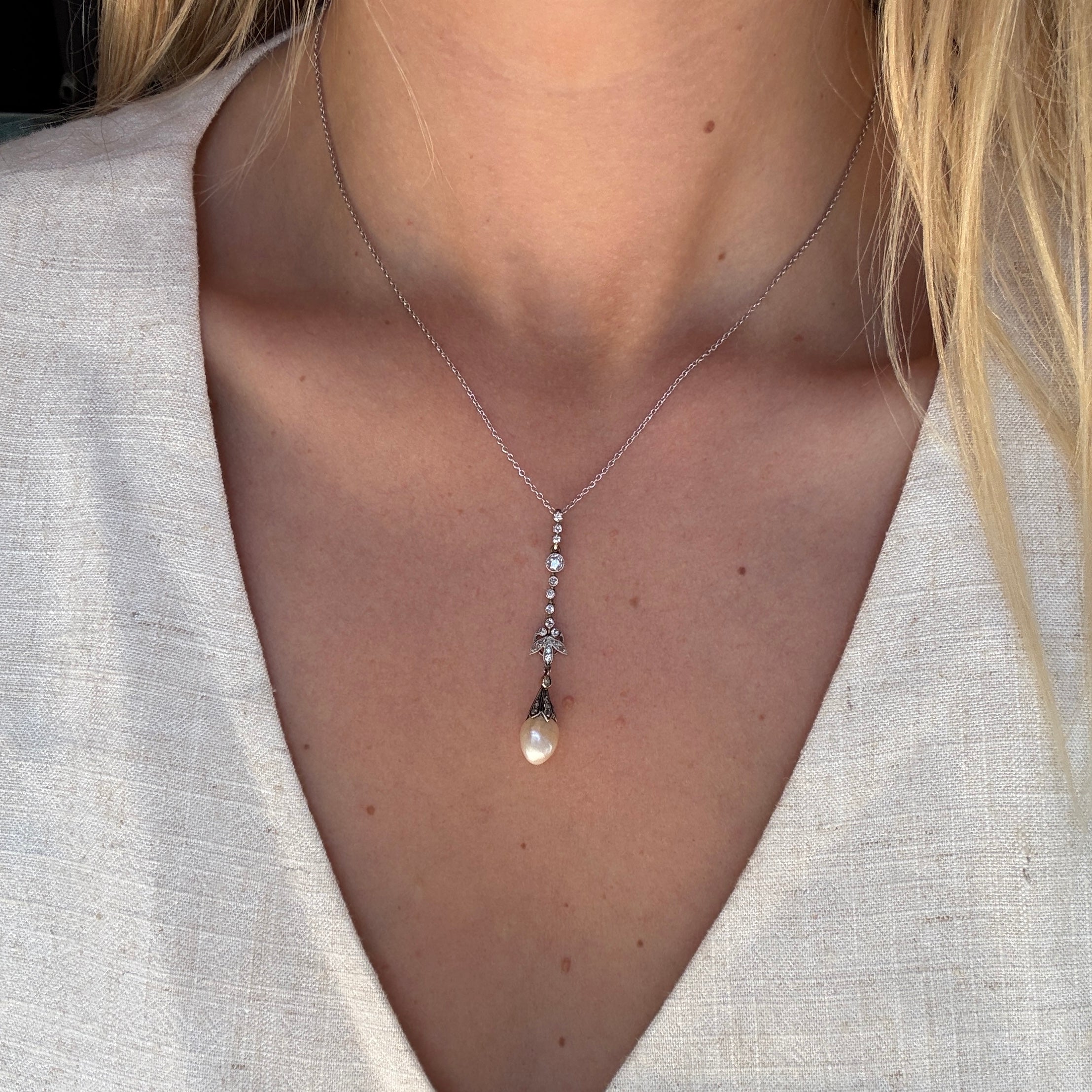 Edwardian Natural Pearl and Diamond Pendant-Charlotte Sayers Antique Jewellery