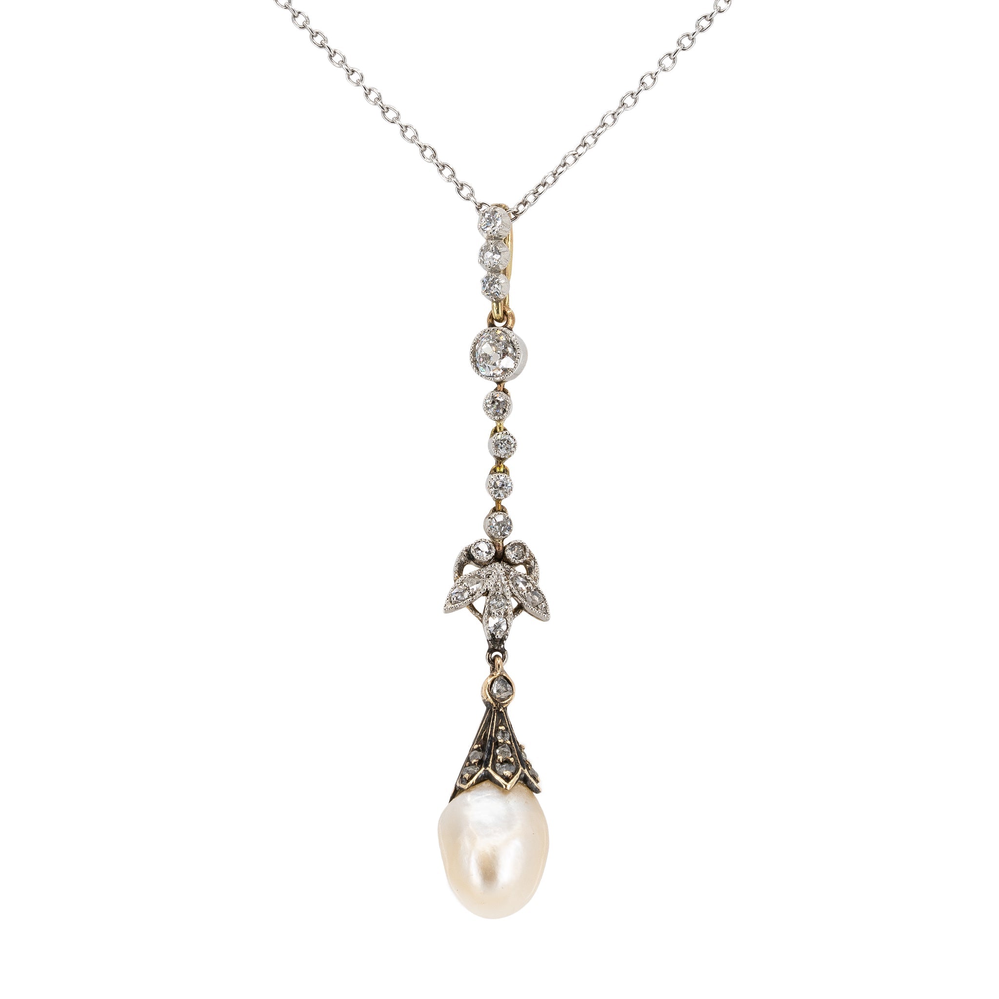 Edwardian Natural Pearl and Diamond Pendant-Charlotte Sayers Antique Jewellery