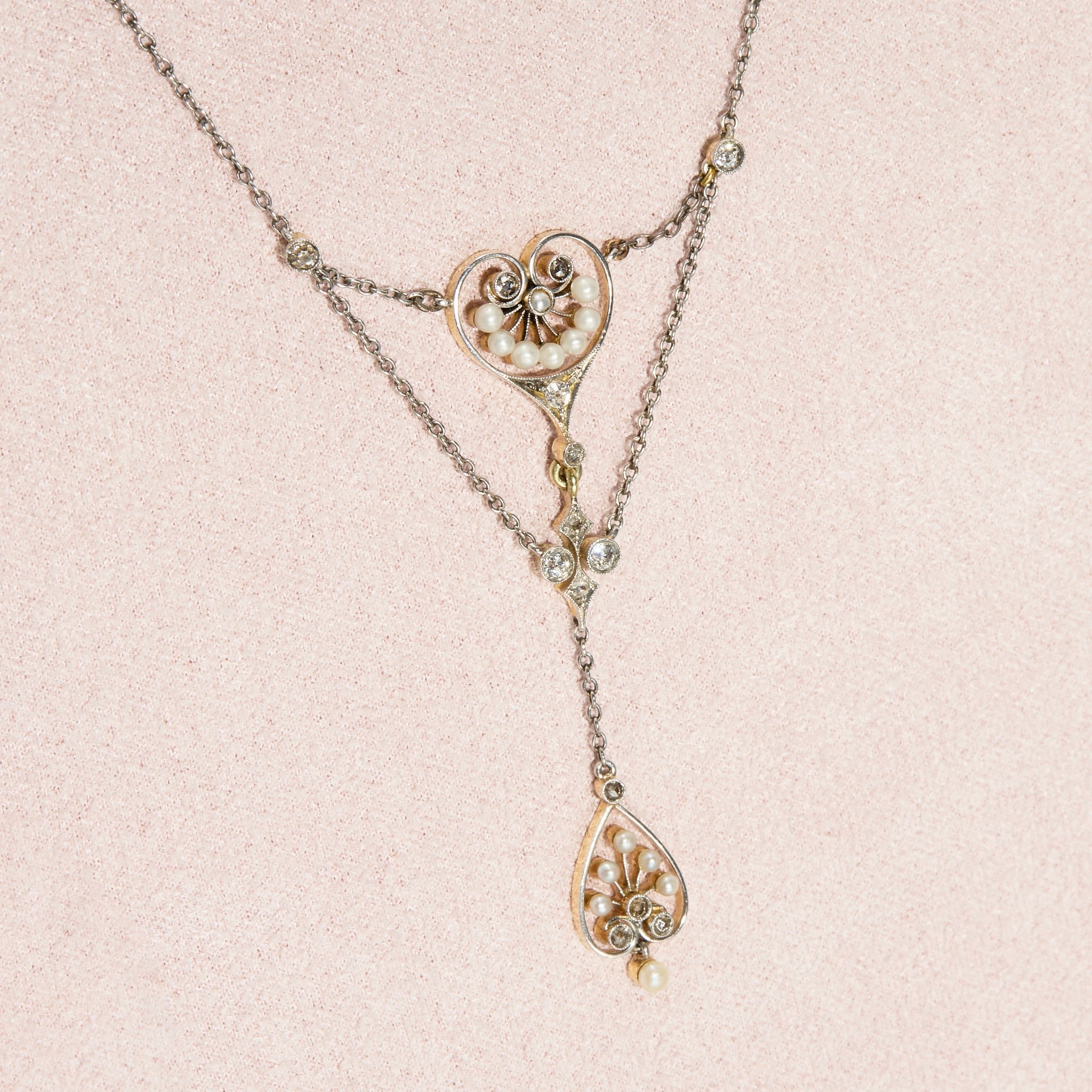 Edwardian Natural Pearl and Diamond Pendant Necklace-Charlotte Sayers Antique Jewellery