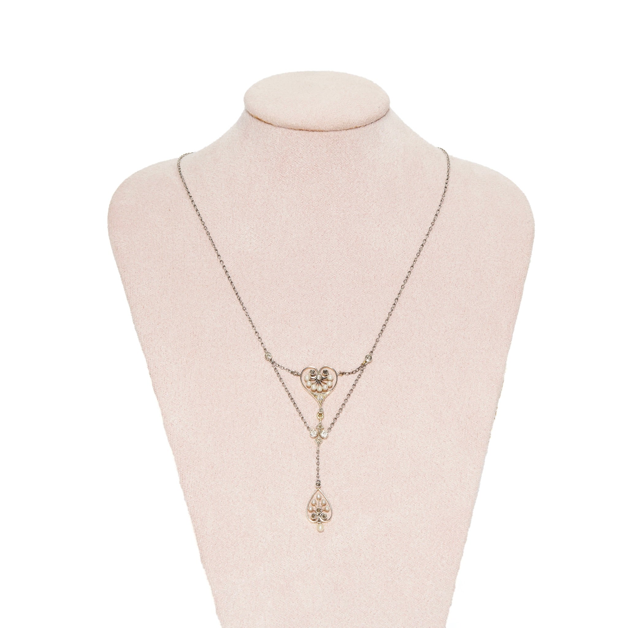 Edwardian Natural Pearl and Diamond Pendant Necklace-Charlotte Sayers Antique Jewellery