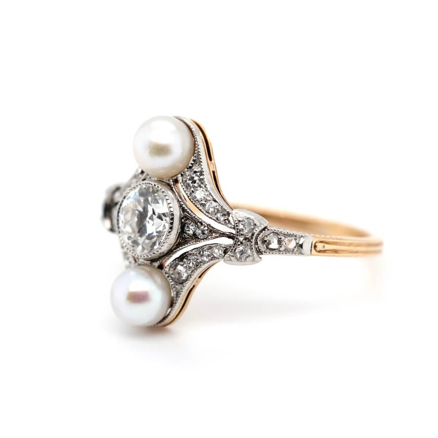 Edwardian Natural Pearl and Diamond Ring-Charlotte Sayers Antique Jewellery