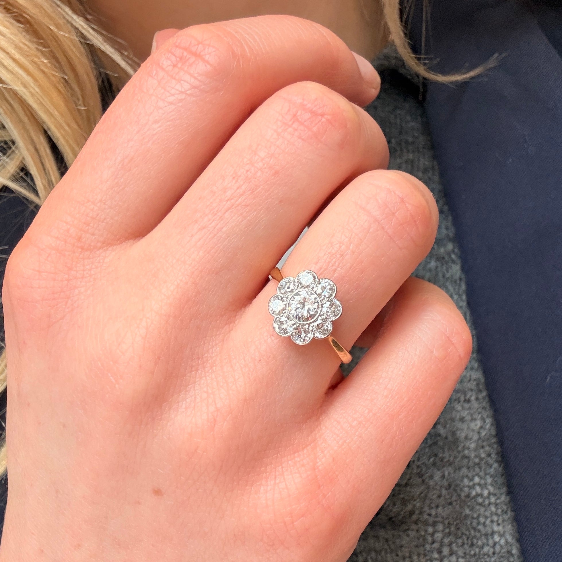 Edwardian Old Cut Diamond Daisy Cluster Ring-Charlotte Sayers Antique Jewellery