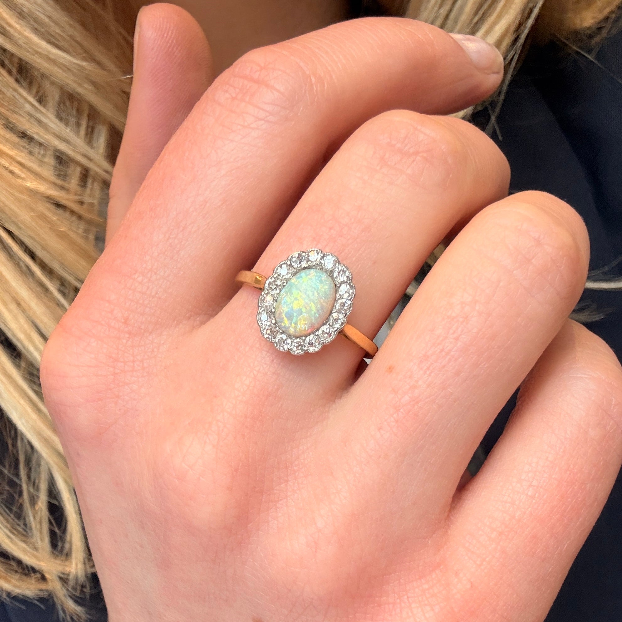 Edwardian Opal and Diamond Cluster Ring-Charlotte Sayers Antique Jewellery