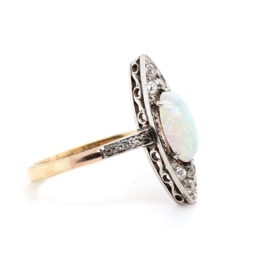 Edwardian Opal and Diamond Marquise Ring-Charlotte Sayers Antique Jewellery