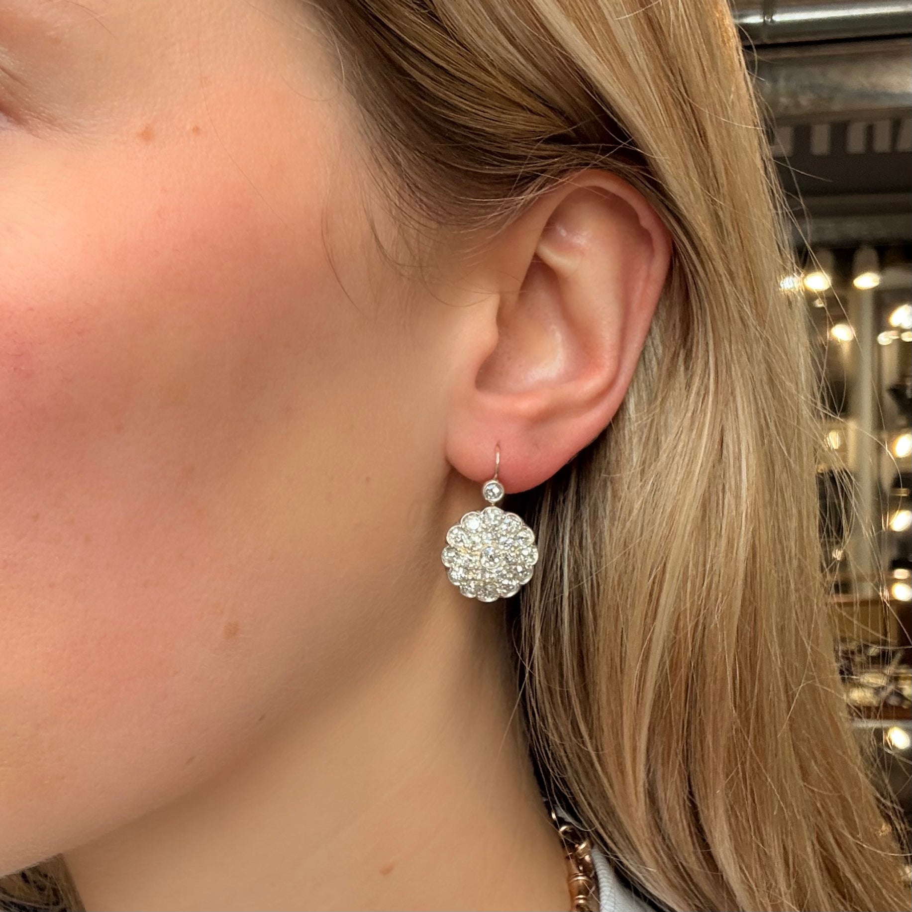 Edwardian Pavé Set Diamond Drop Cluster Earrings-Charlotte Sayers Antique Jewellery