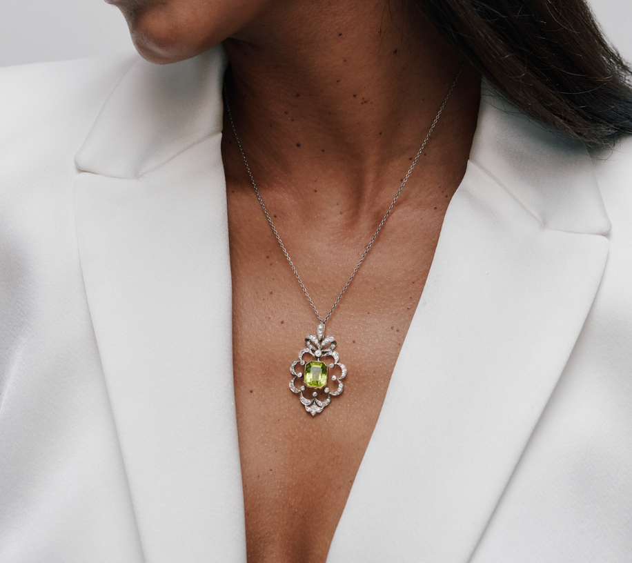 Edwardian Peridot and Diamond Pendant-Charlotte Sayers Antique Jewellery