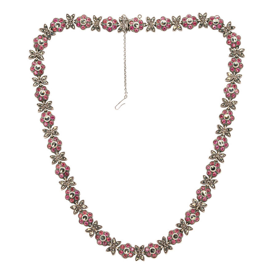 Edwardian Pink Paste Marcasite Necklace-Charlotte Sayers Antique Jewellery