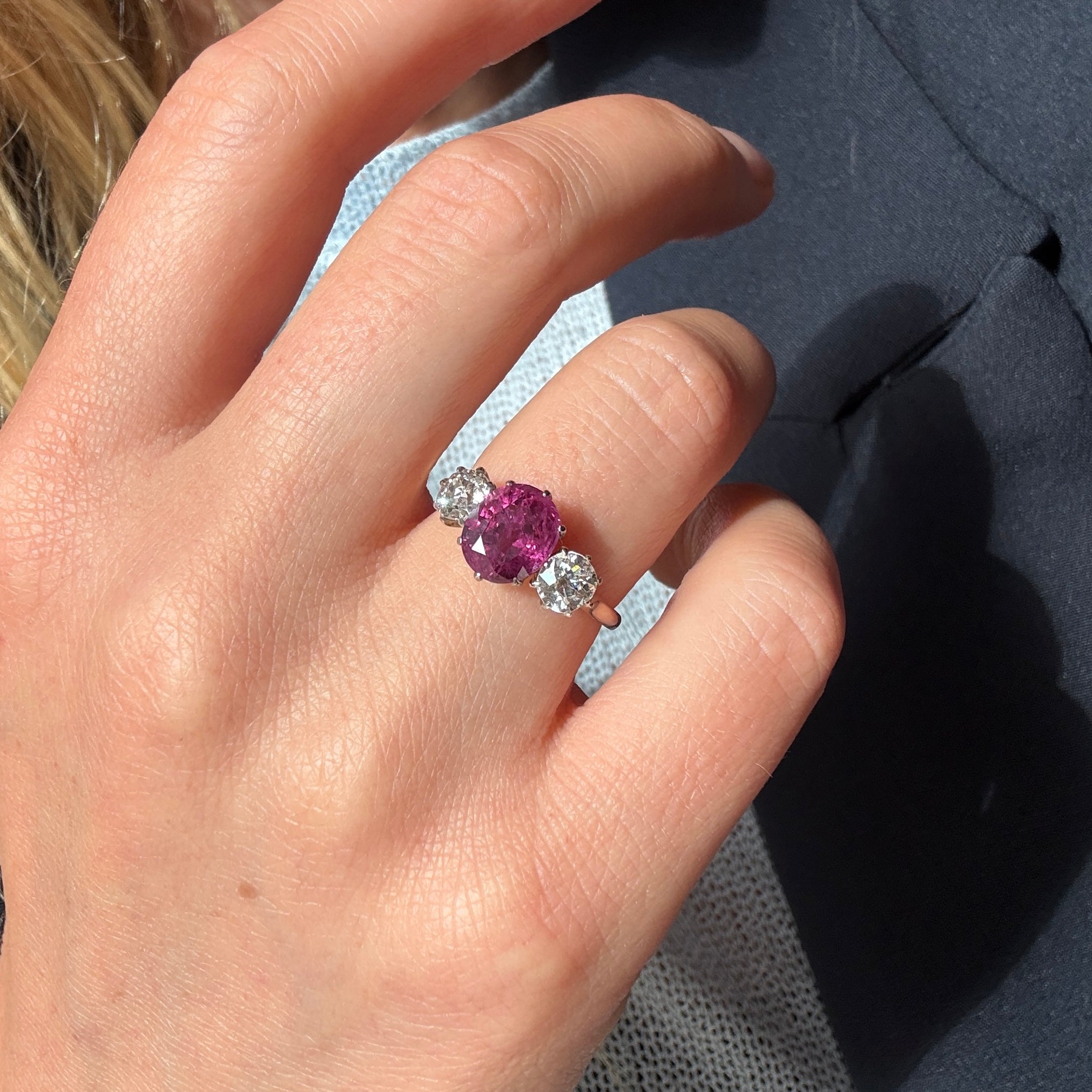 Edwardian Ruby and Diamond Trinity Ring-Charlotte Sayers Antique Jewellery