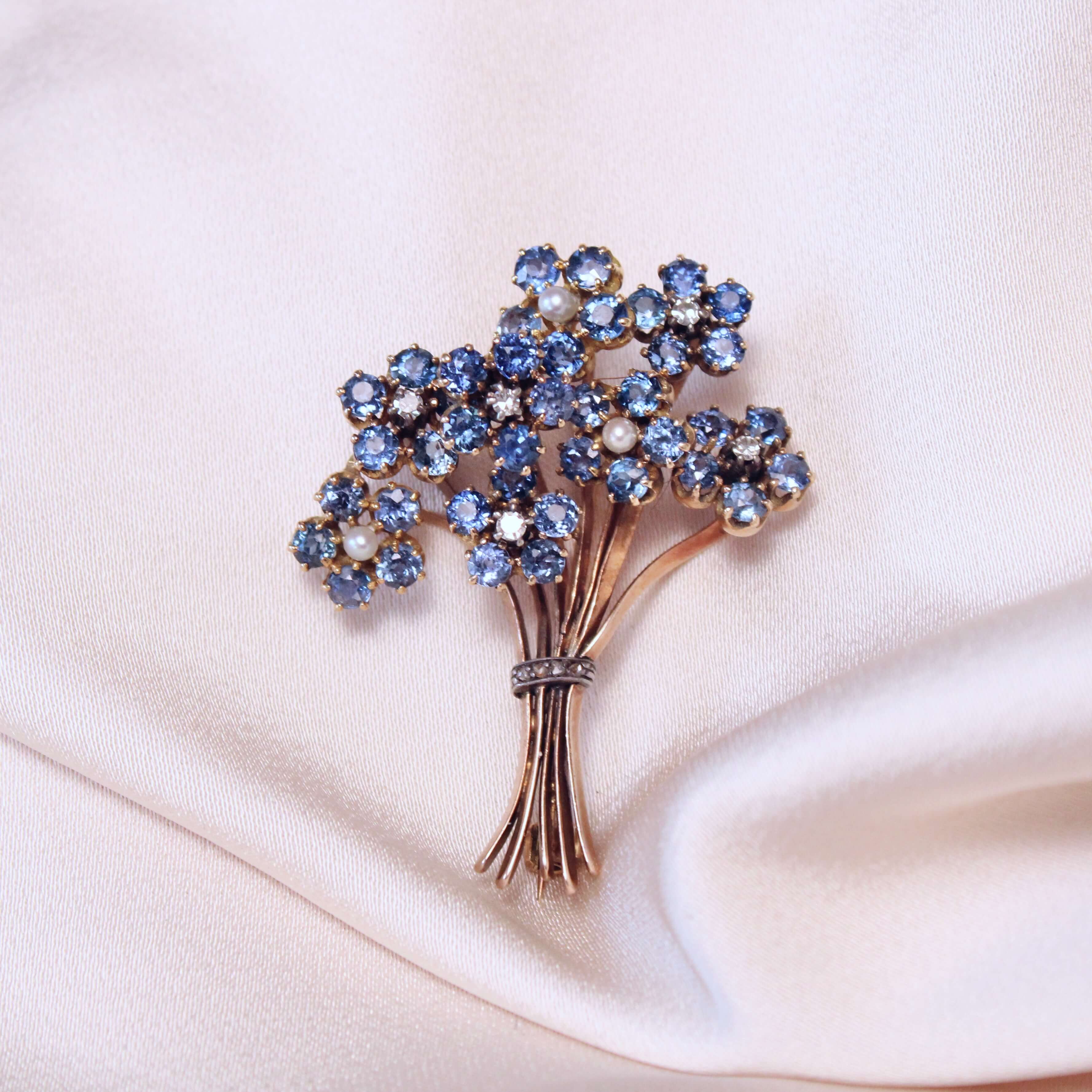 Edwardian Sapphire Diamond and Pearl Flower Brooch-Charlotte Sayers Antique Jewellery