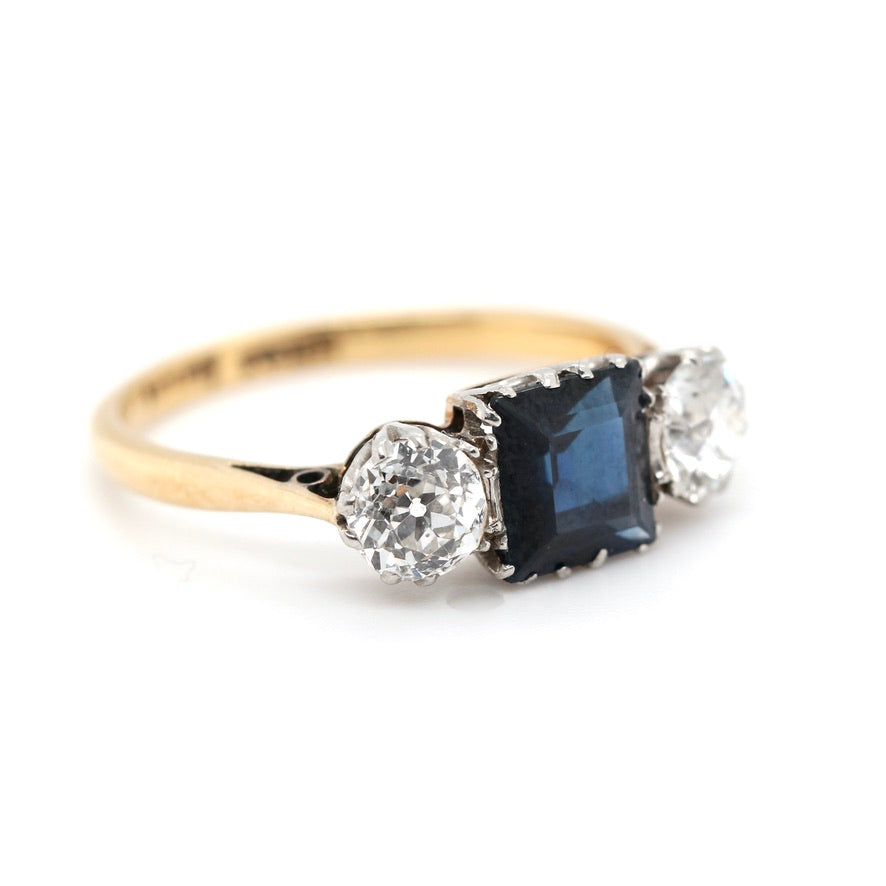 Edwardian Sapphire and Diamond 3 Stone Ring-Charlotte Sayers Antique Jewellery