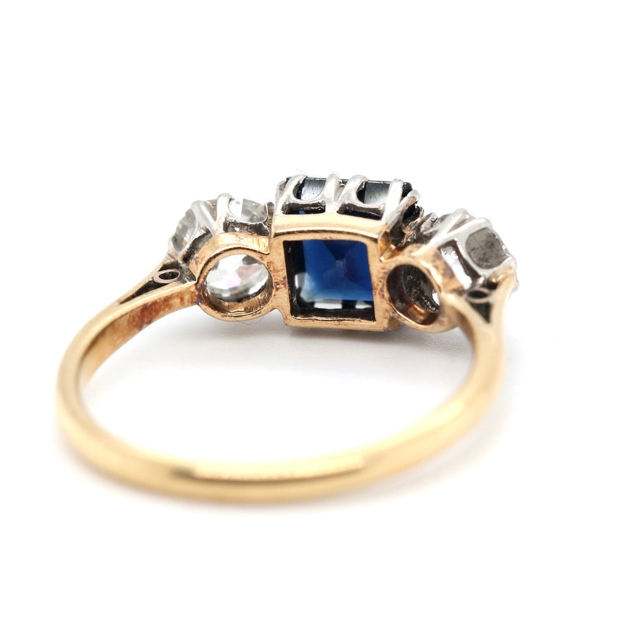 Edwardian Sapphire and Diamond 3 Stone Ring-Charlotte Sayers Antique Jewellery