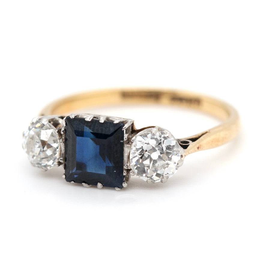 Edwardian Sapphire and Diamond 3 Stone Ring-Charlotte Sayers Antique Jewellery