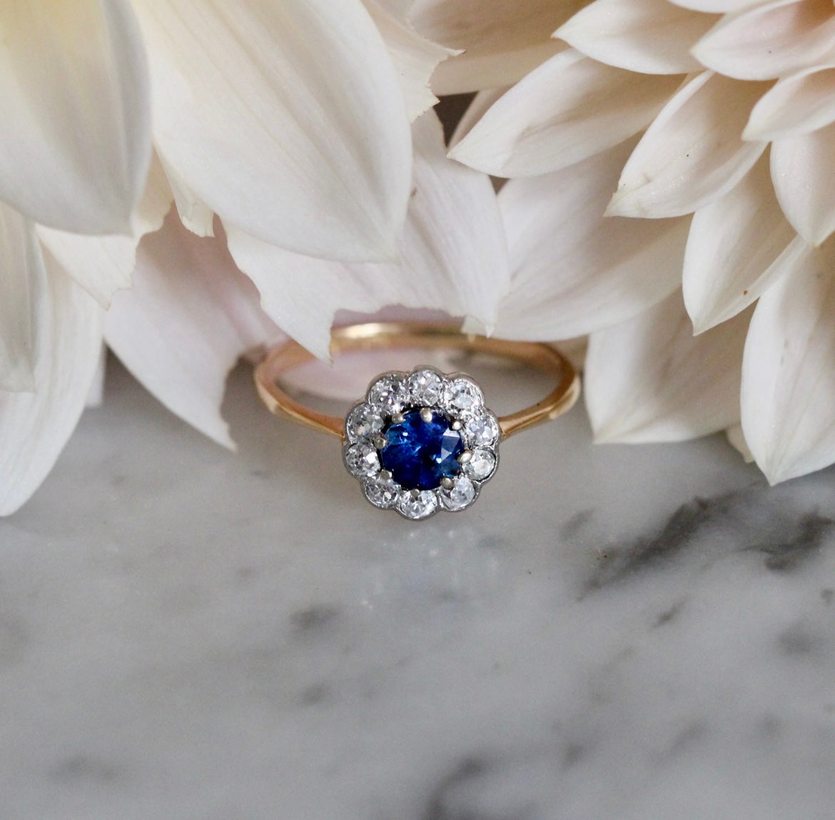 Edwardian Sapphire and Diamond Cluster Ring-Charlotte Sayers Antique Jewellery