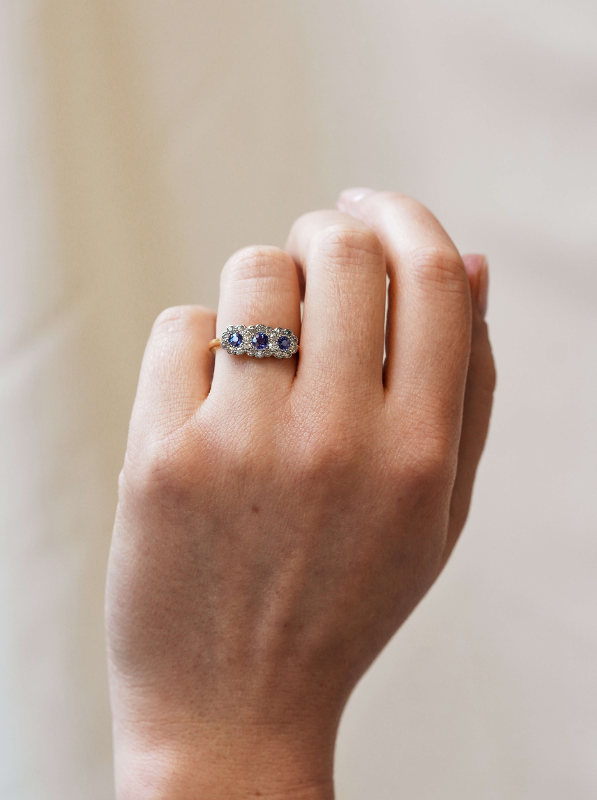 Edwardian Sapphire and Diamond Flower Ring-Charlotte Sayers Antique Jewellery