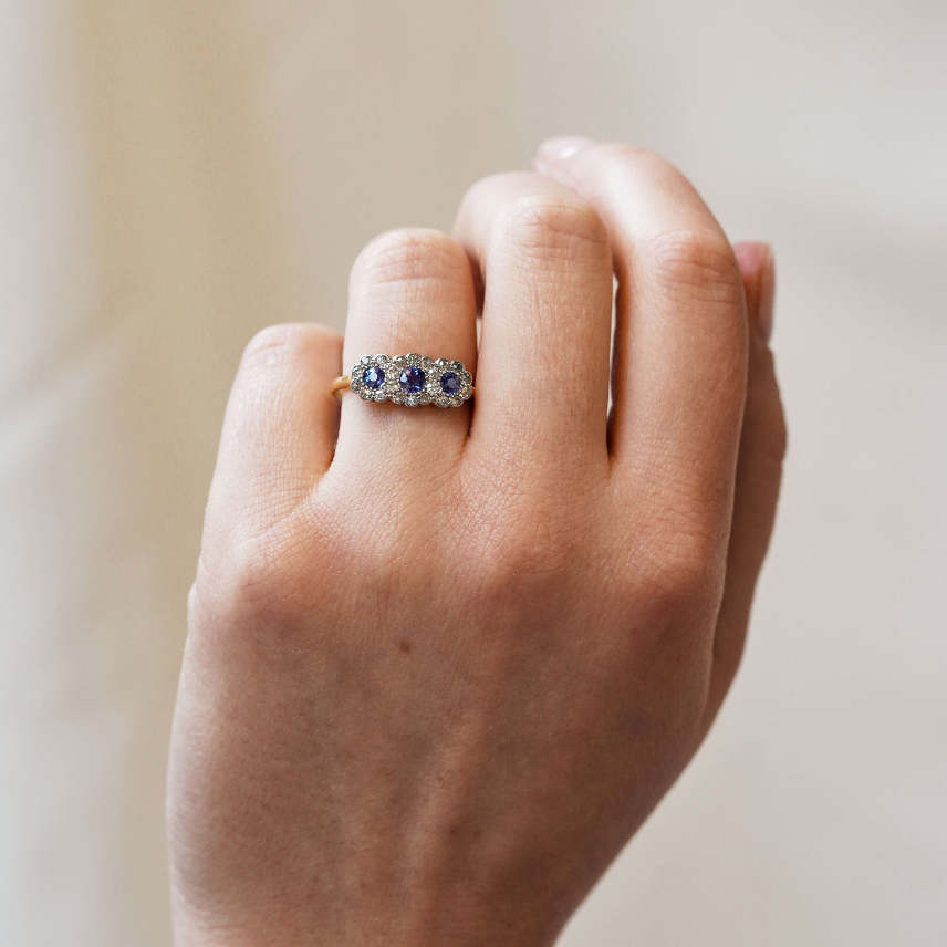 Edwardian Sapphire and Diamond Flower Ring-Charlotte Sayers Antique Jewellery