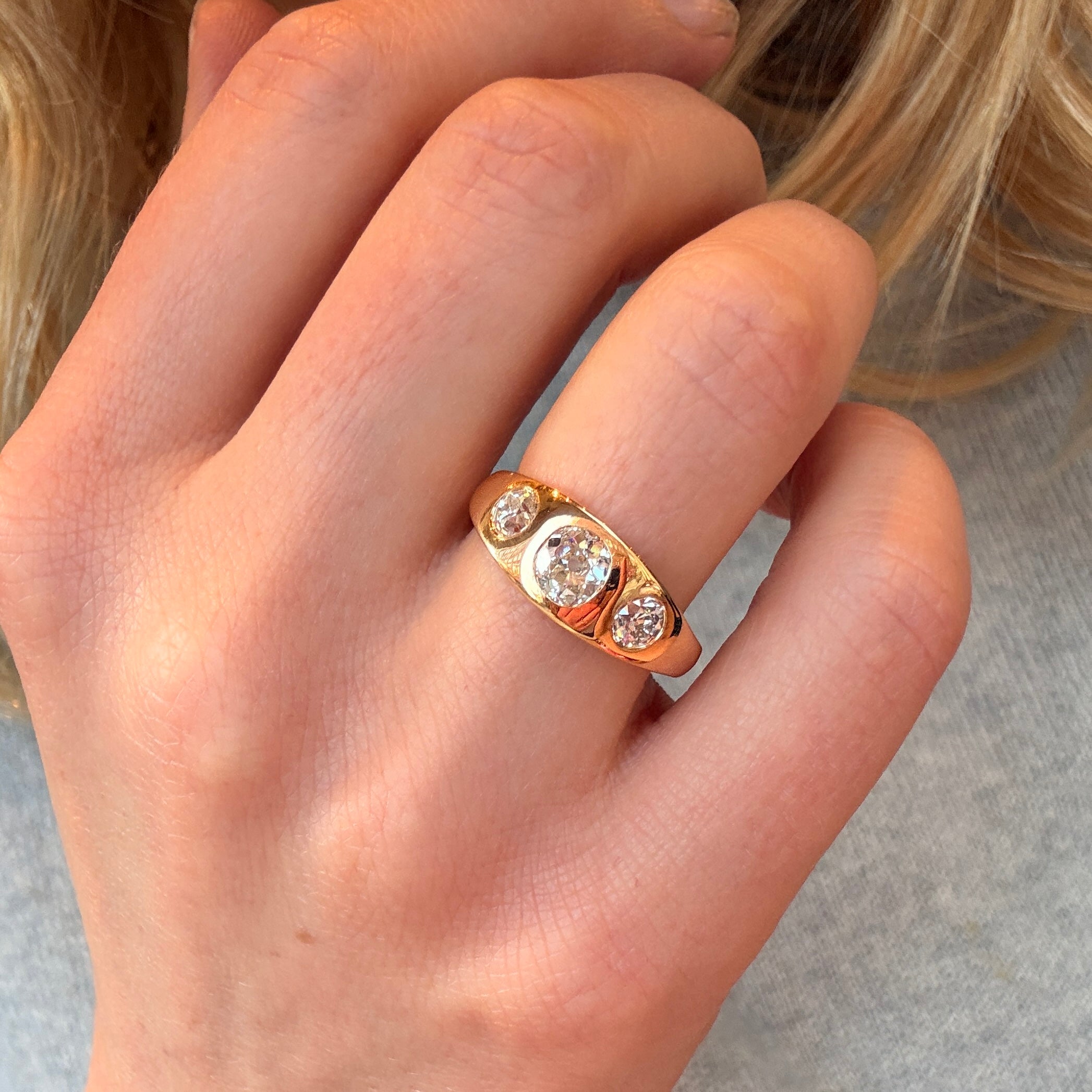 Edwardian Three Stone 22ct Gold Gypsy Ring-Charlotte Sayers Antique Jewellery