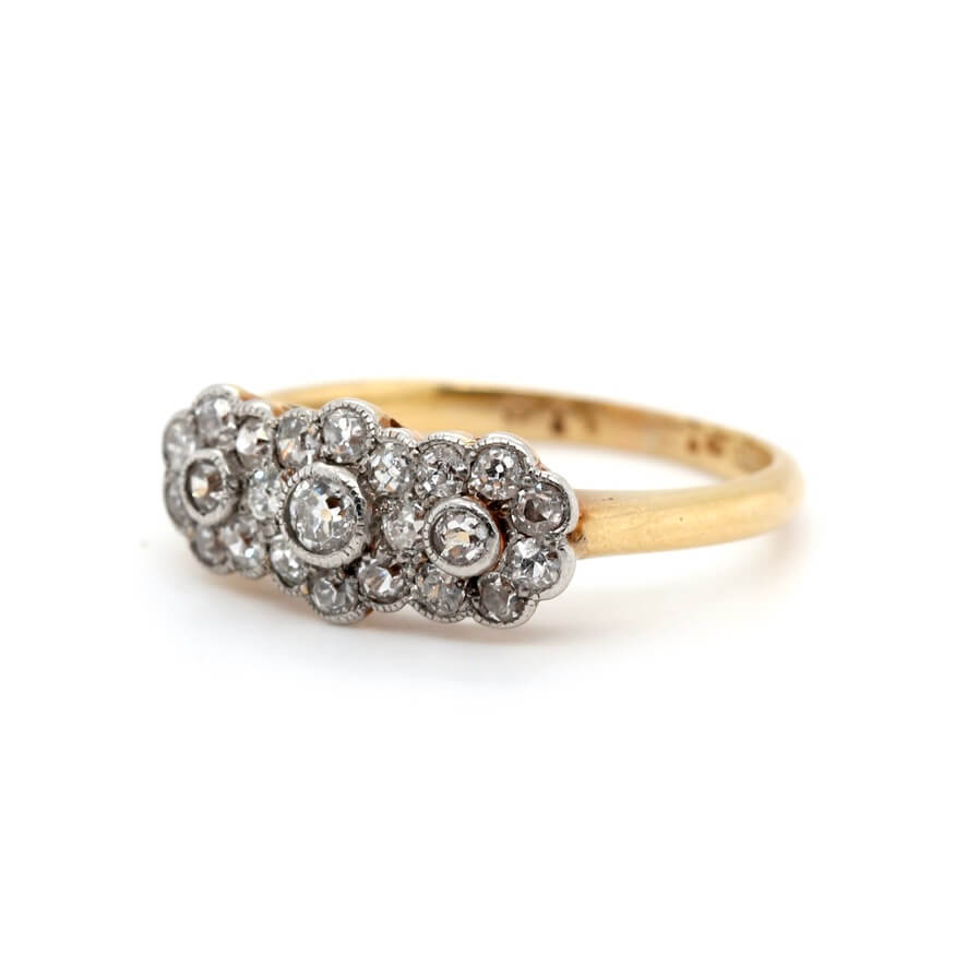 Edwardian Triple Flower Diamond Ring-Charlotte Sayers Antique Jewellery