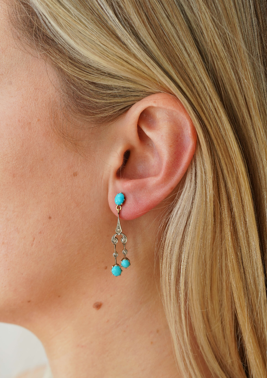 Edwardian Turquoise Diamond Earrings-Charlotte Sayers Antique Jewellery