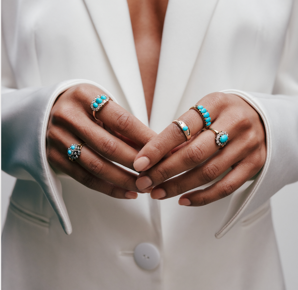 Edwardian Turquoise and Diamond Cluster Ring-Charlotte Sayers Antique Jewellery