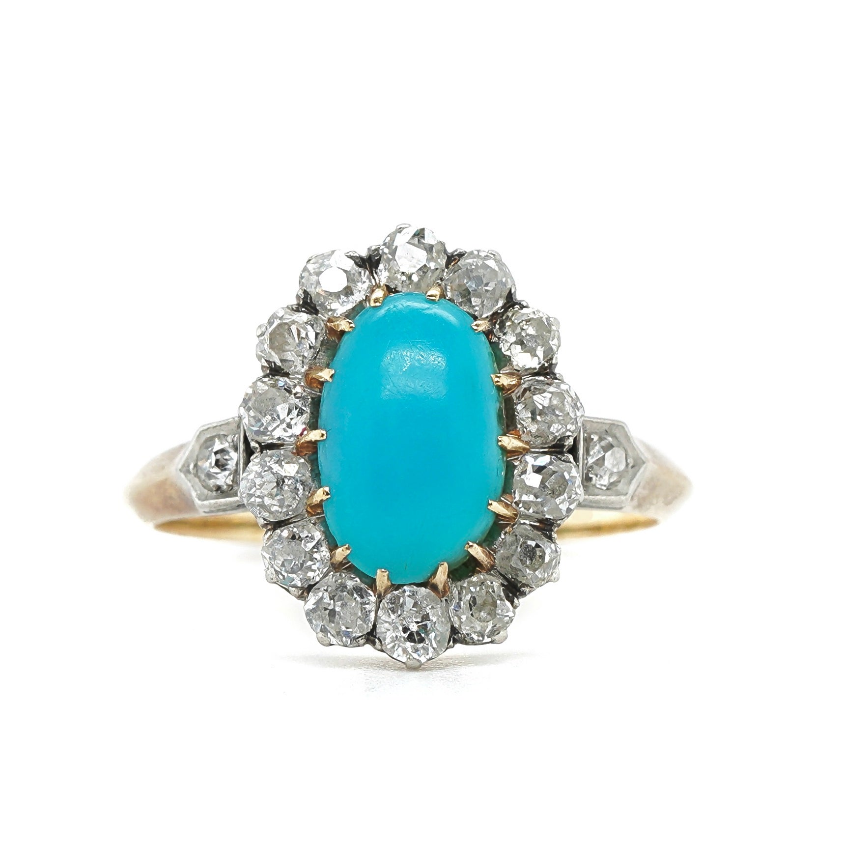 Edwardian Turquoise and Diamond Cluster Ring-Charlotte Sayers Antique Jewellery