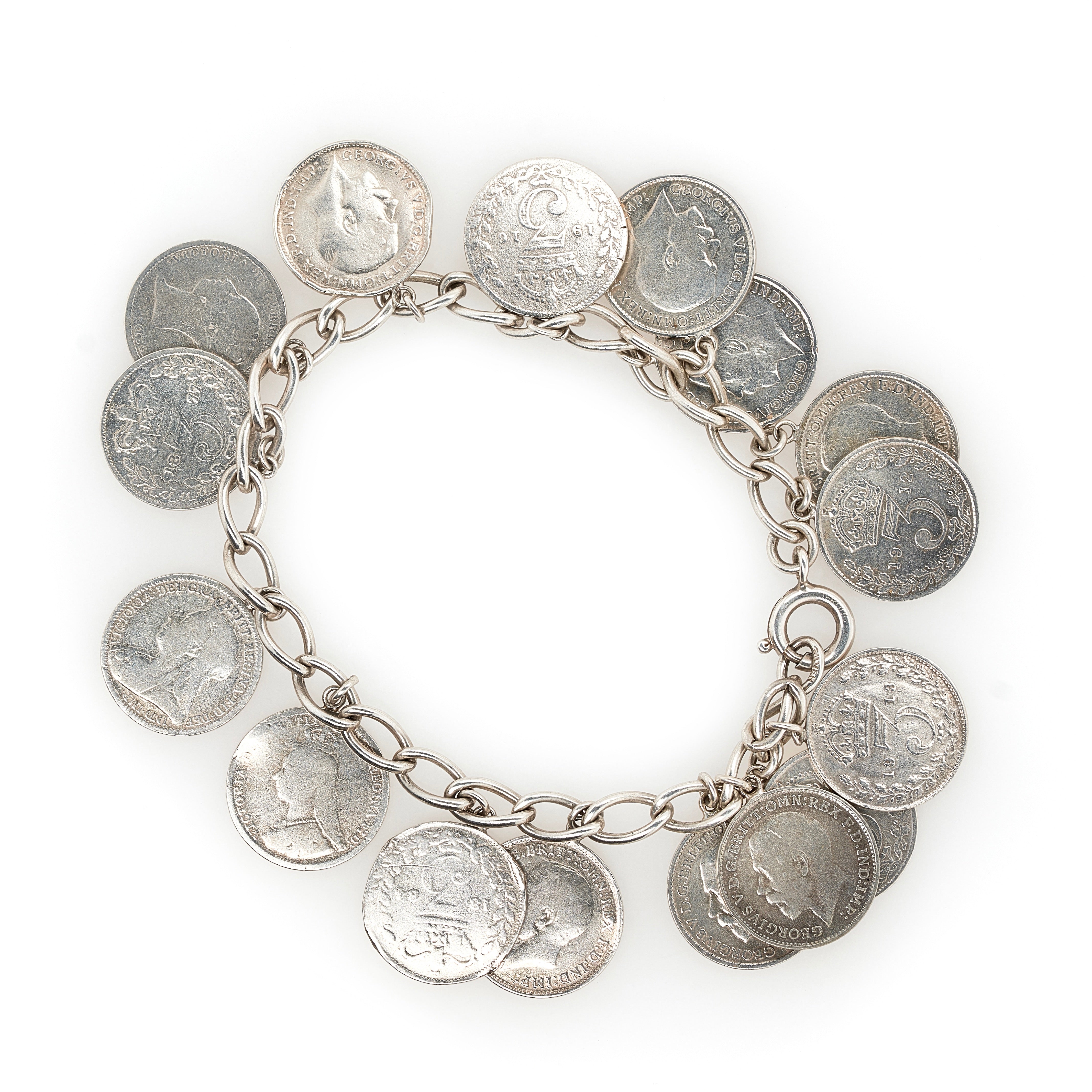 Edwardian and Victorian Silver Coin Bracelet-Charlotte Sayers Antique Jewellery