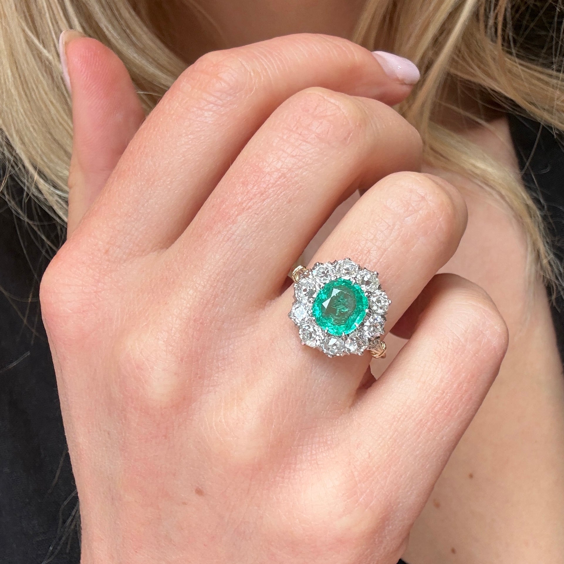 Emerald Diamond Cluster Ring-Charlotte Sayers Antique Jewellery