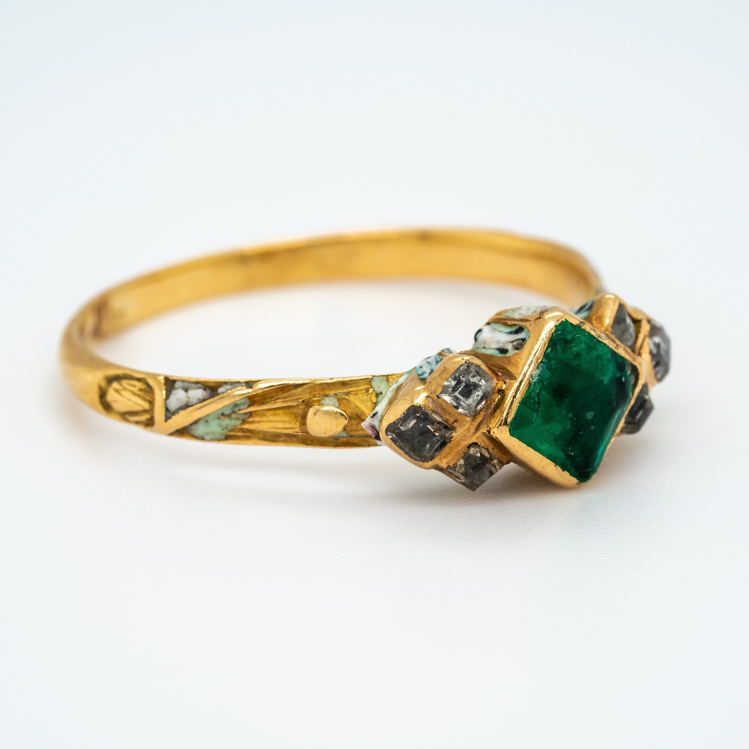 Emerald Diamond White Enamel 17th Century Ring-Charlotte Sayers Antique Jewellery