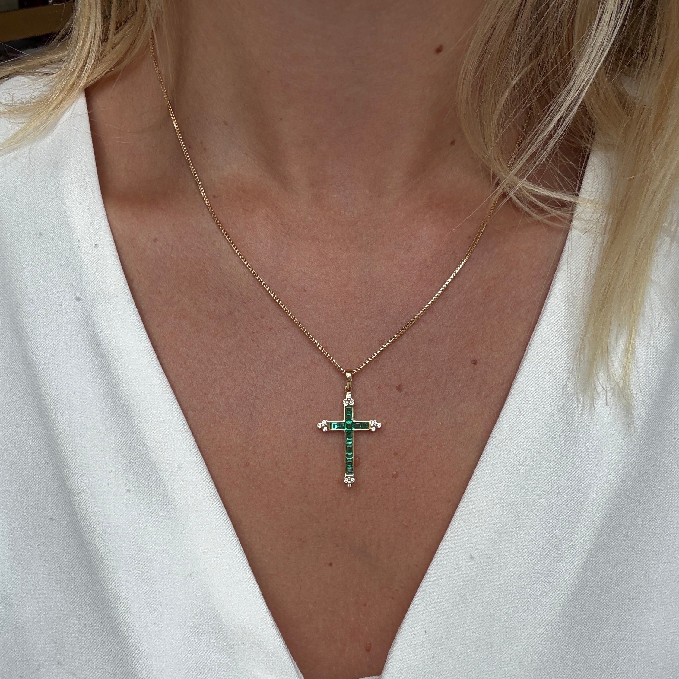 Emerald and Diamond Cross Pendant-Charlotte Sayers Antique Jewellery