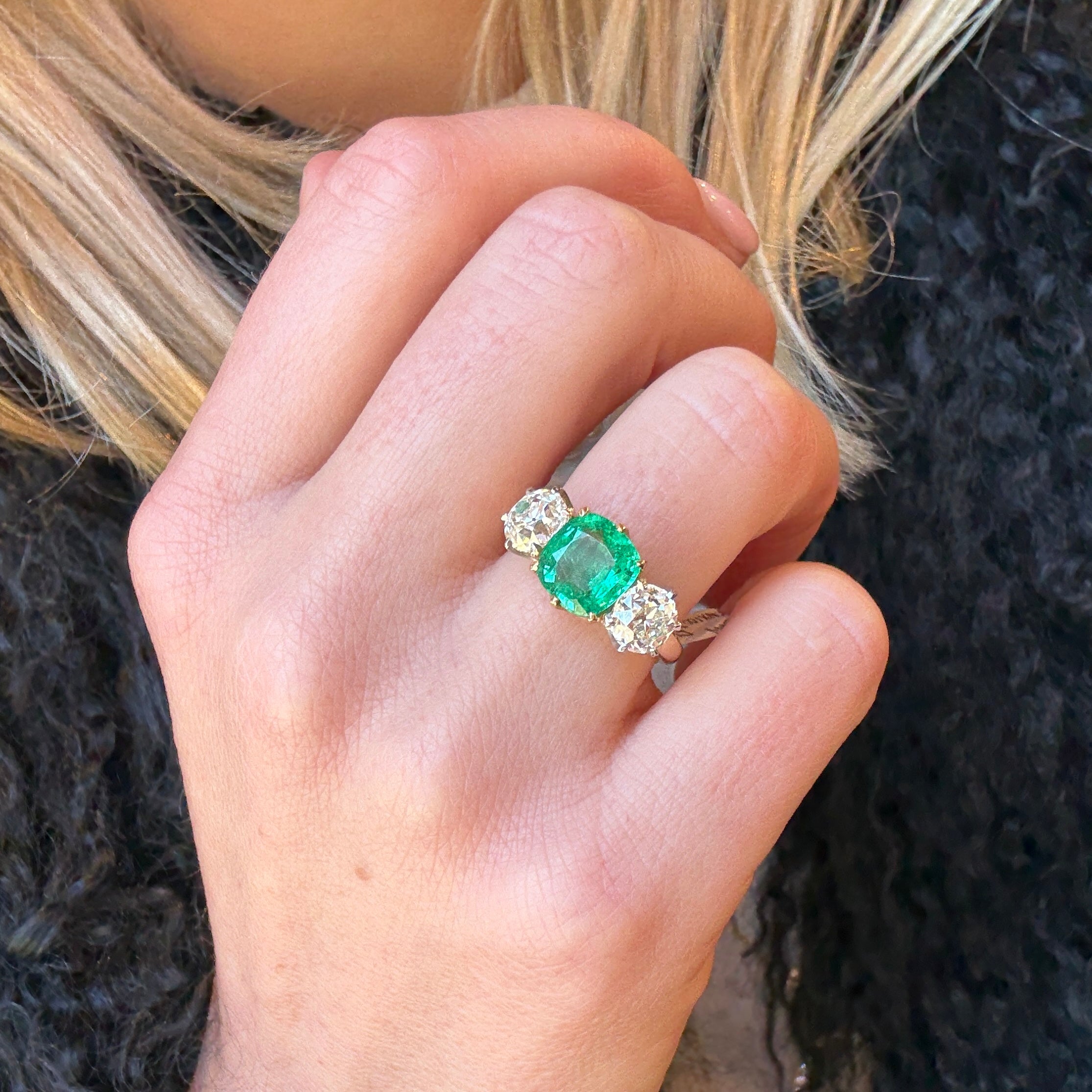 Emerald and Diamond Three Stone Trilogy Ring-Charlotte Sayers Antique Jewellery