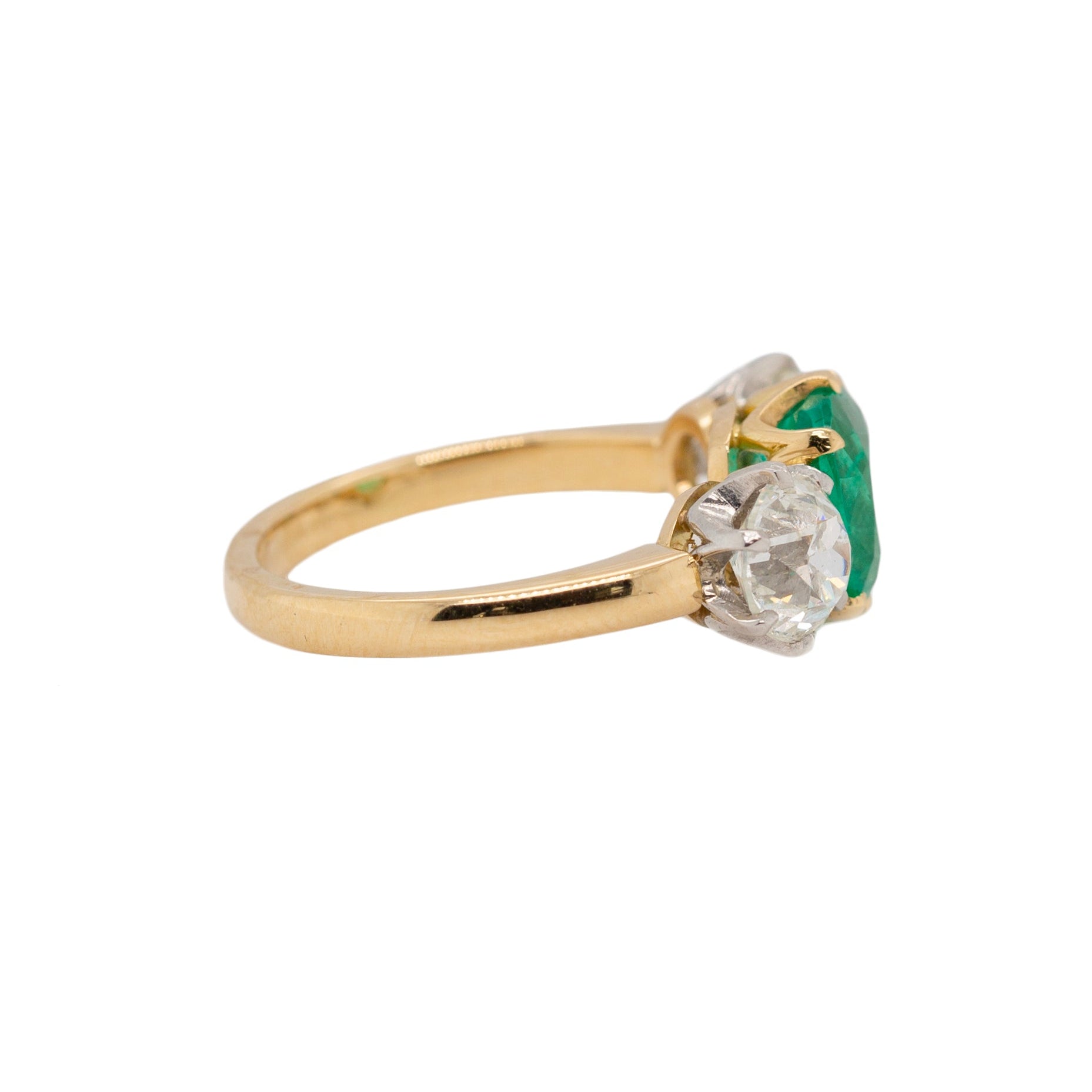 Emerald and Diamond Three Stone Trilogy Ring-Charlotte Sayers Antique Jewellery