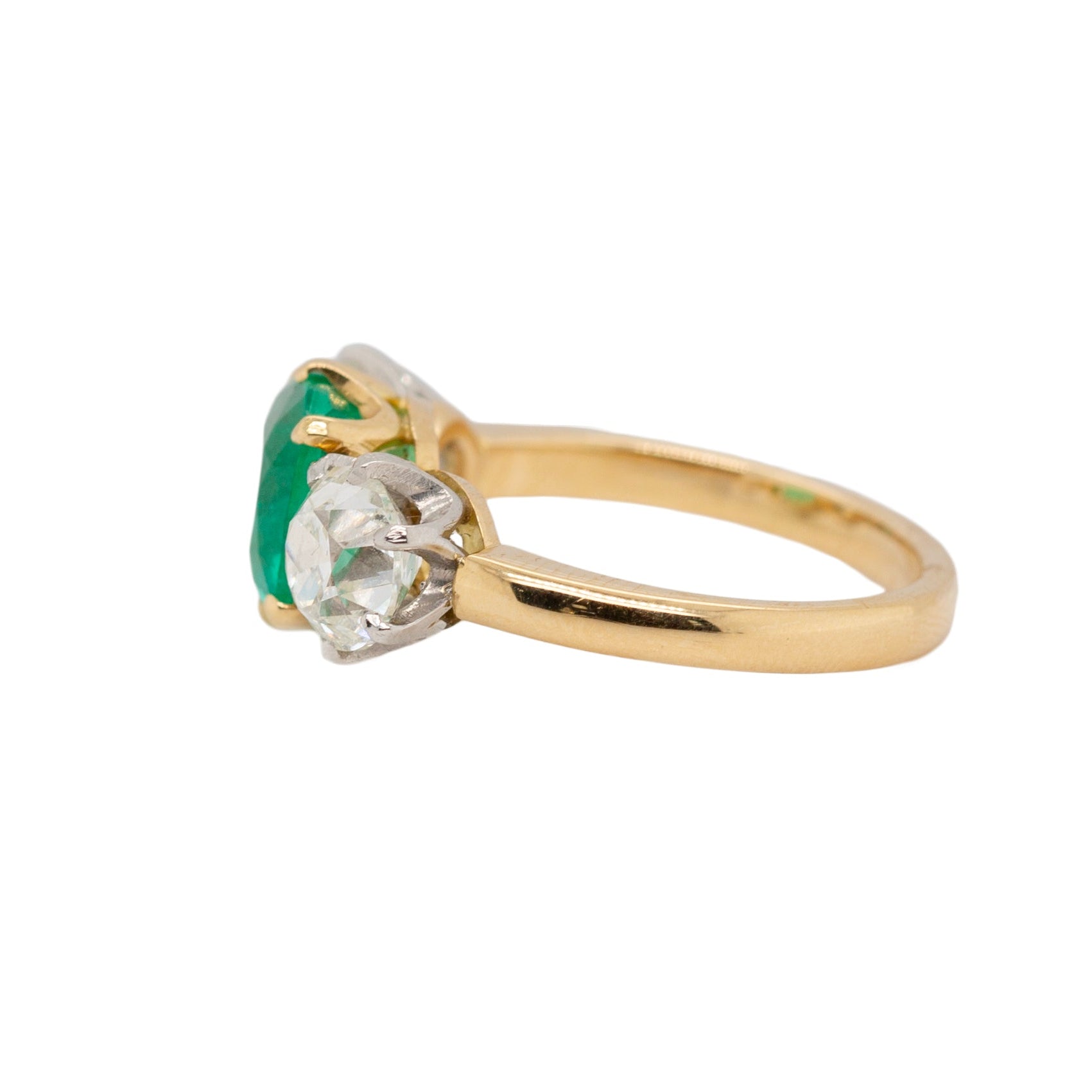 Emerald and Diamond Three Stone Trilogy Ring-Charlotte Sayers Antique Jewellery