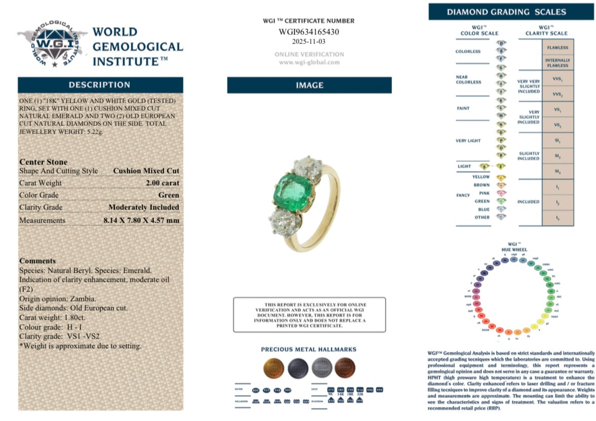 Emerald and Diamond Three Stone Trilogy Ring-Charlotte Sayers Antique Jewellery