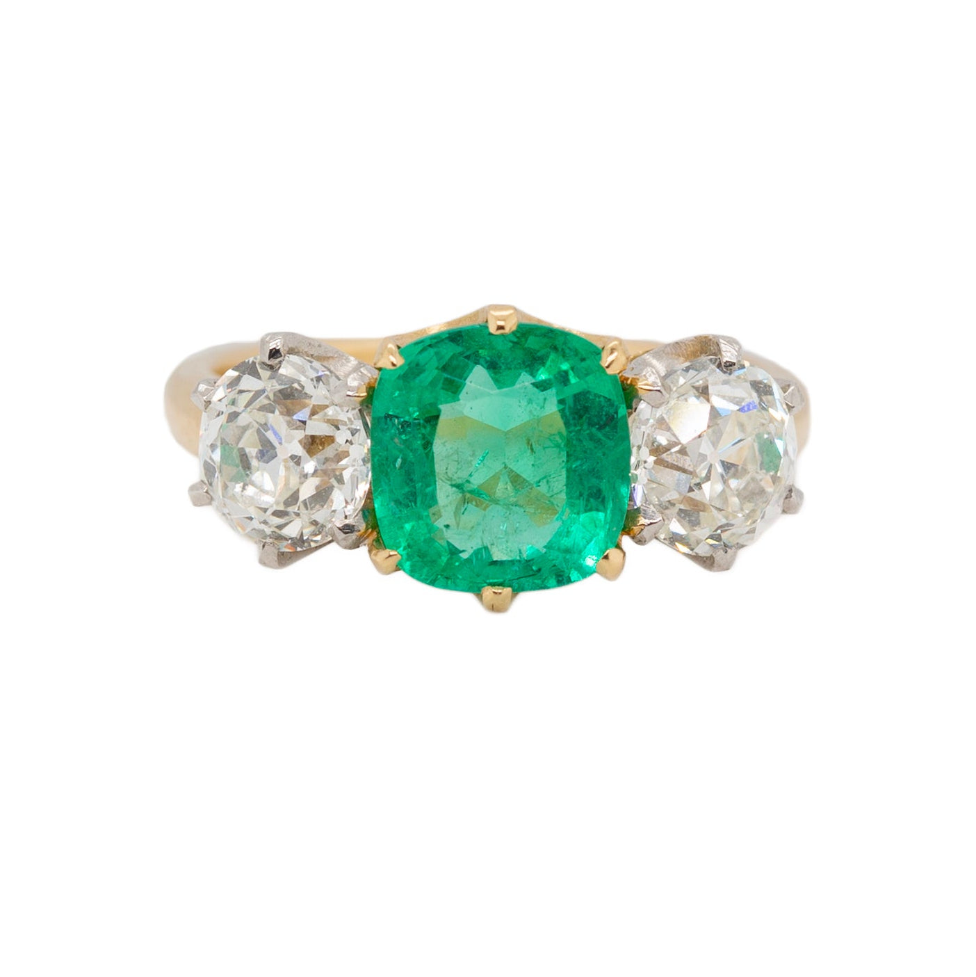 Emerald and Diamond Three Stone Trilogy Ring-Charlotte Sayers Antique Jewellery