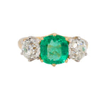 Emerald and Diamond Three Stone Trilogy Ring-Charlotte Sayers Antique Jewellery