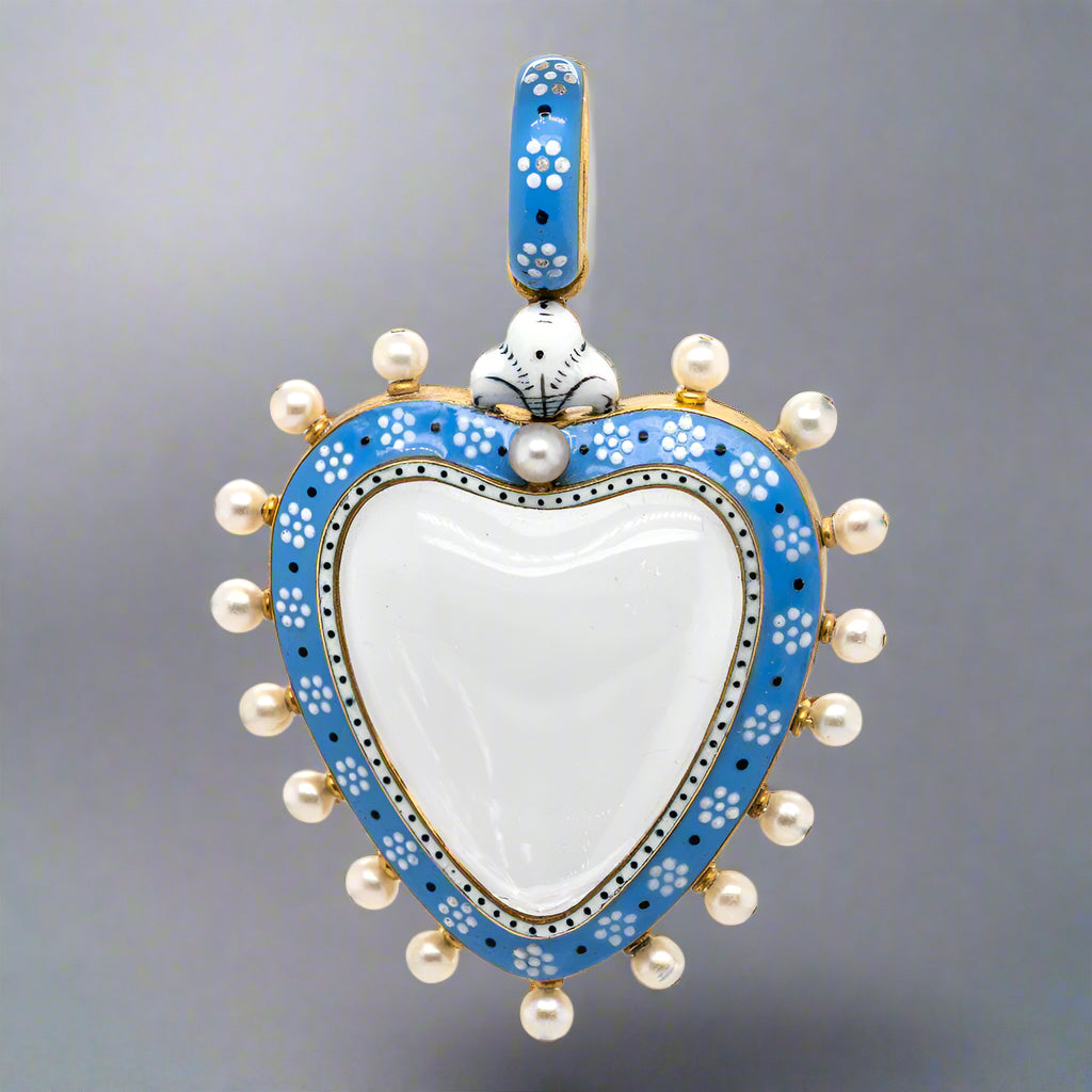 Enamel Natural Pearl and Rock Crystal Heart Pendant-Charlotte Sayers Antique Jewellery