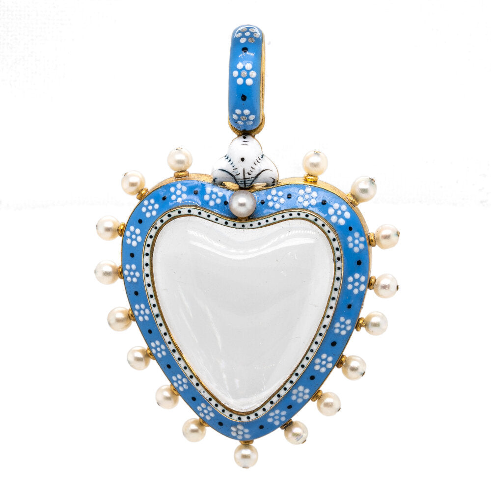 Enamel Natural Pearl and Rock Crystal Heart Pendant-Charlotte Sayers Antique Jewellery