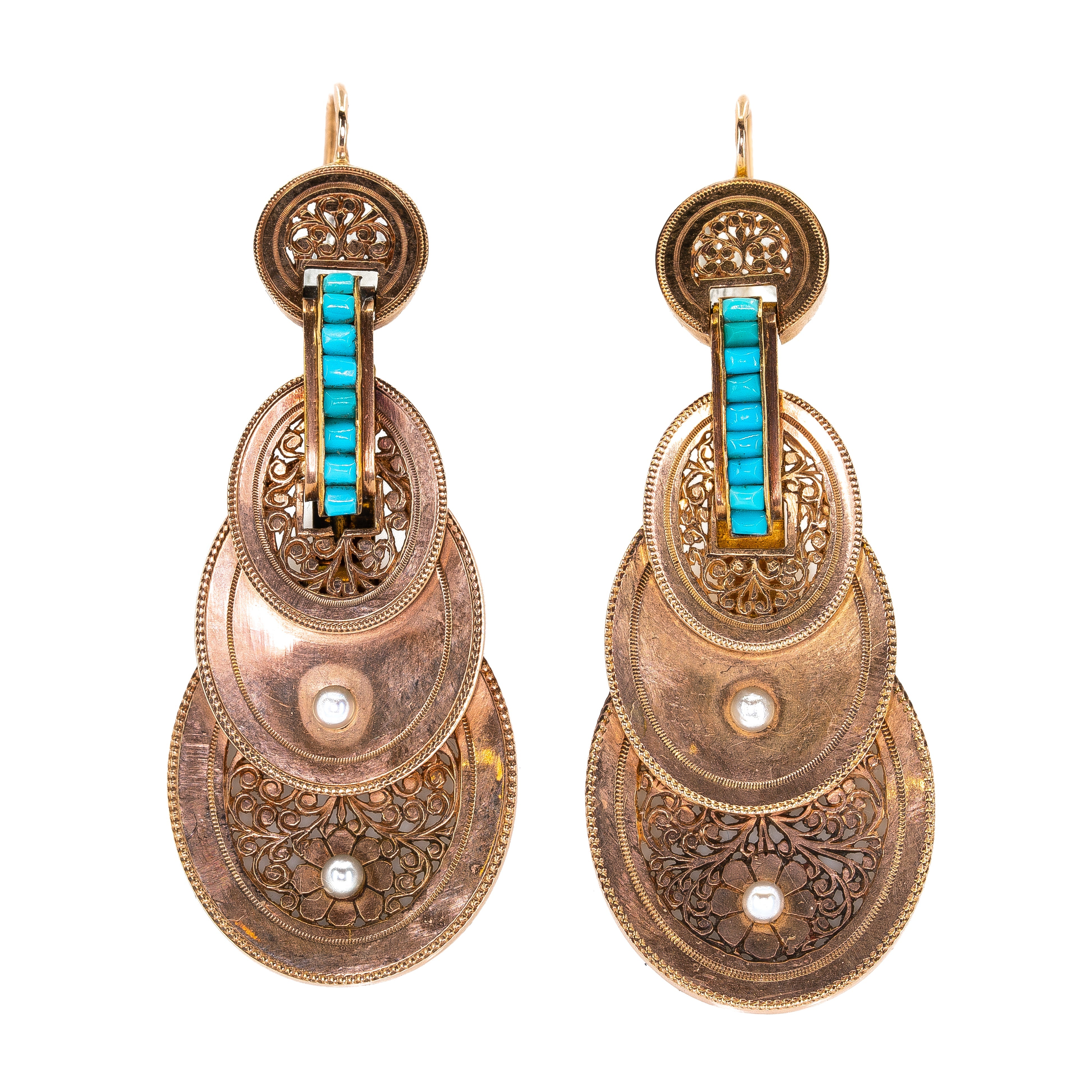 French Gold, Turquoise and Natural Pearl Earrings-Charlotte Sayers Antique Jewellery