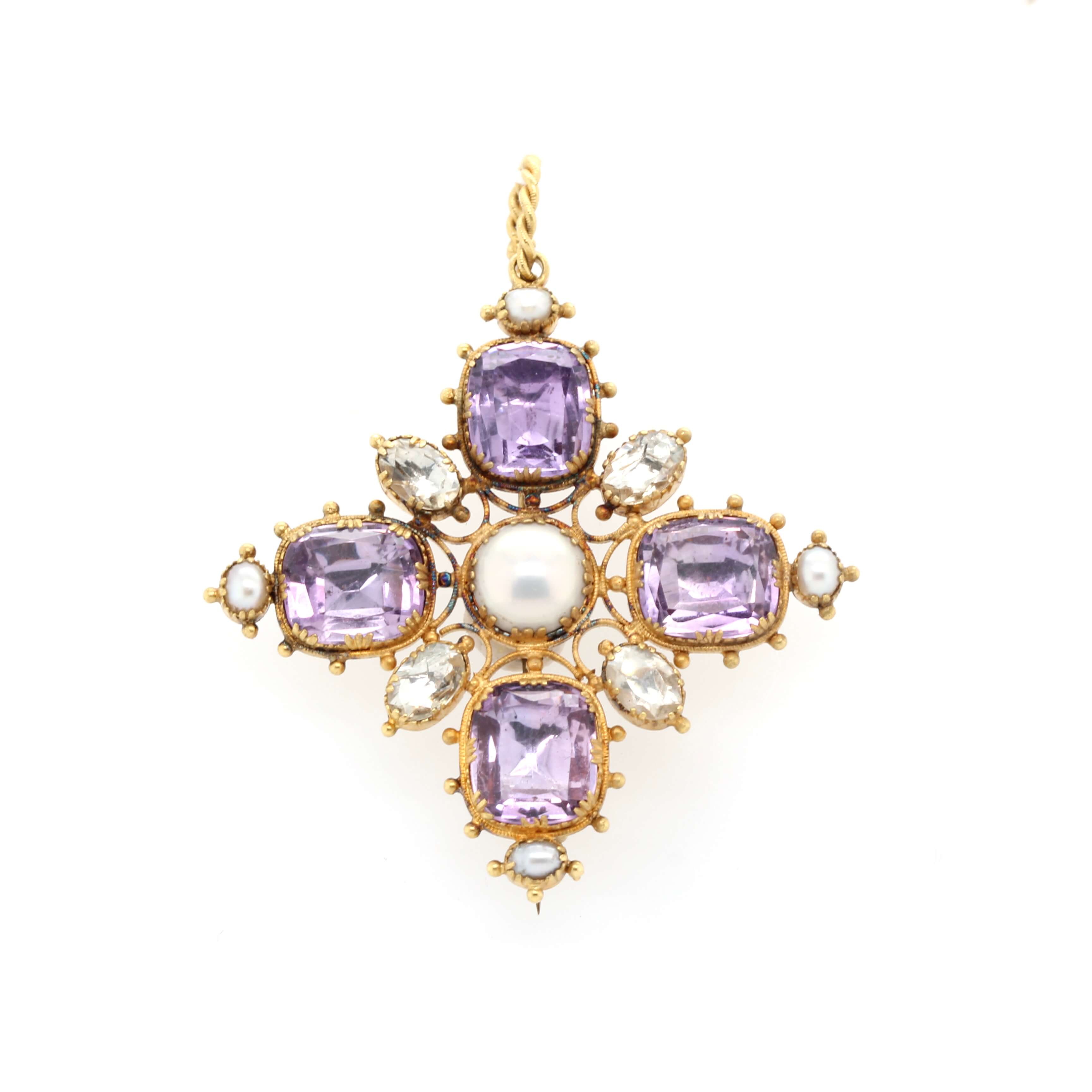 Georgian Amethyst, Rock Crystal and Pearl Brooch / Pendant-Charlotte Sayers Antique Jewellery