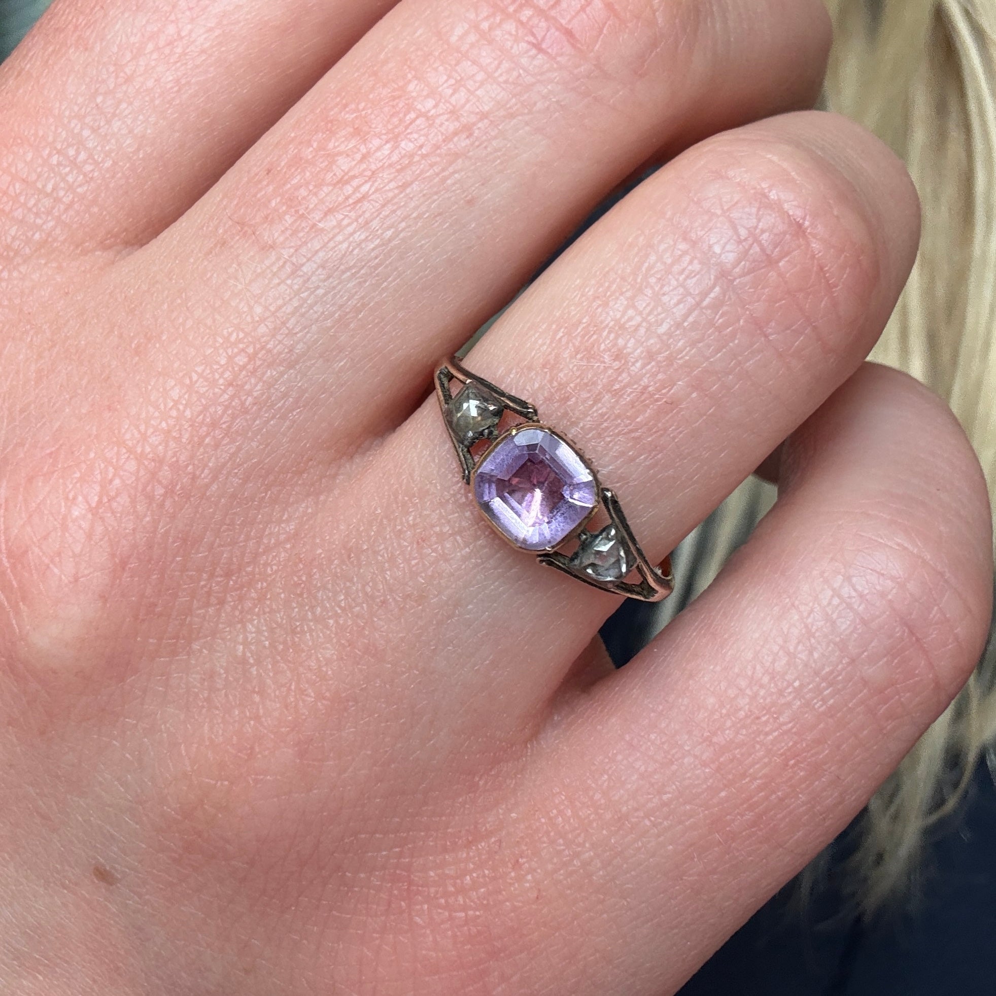 Georgian Amethyst and Diamond Basket Ring-Charlotte Sayers Antique Jewellery