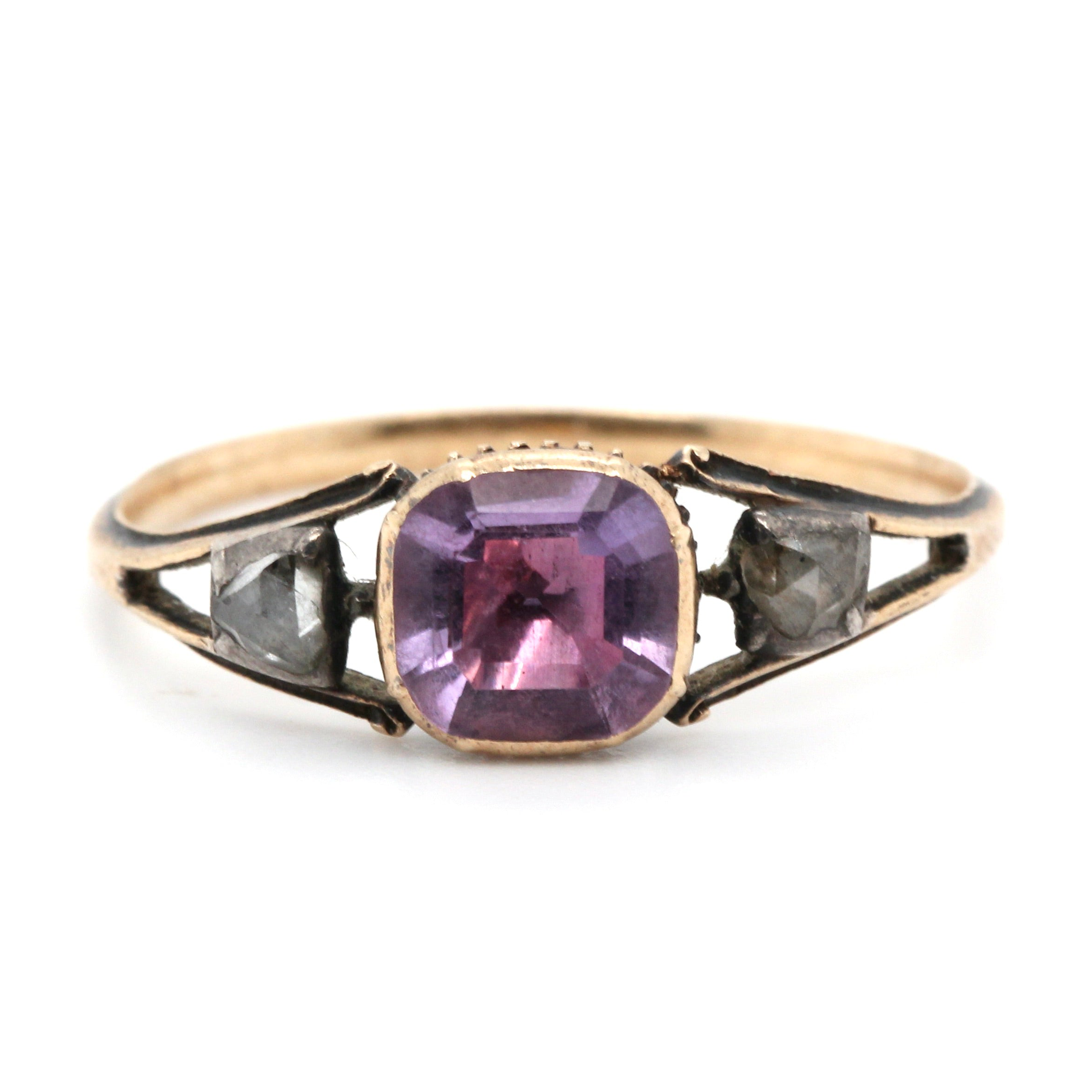 Georgian Amethyst and Diamond Basket Ring-Charlotte Sayers Antique Jewellery