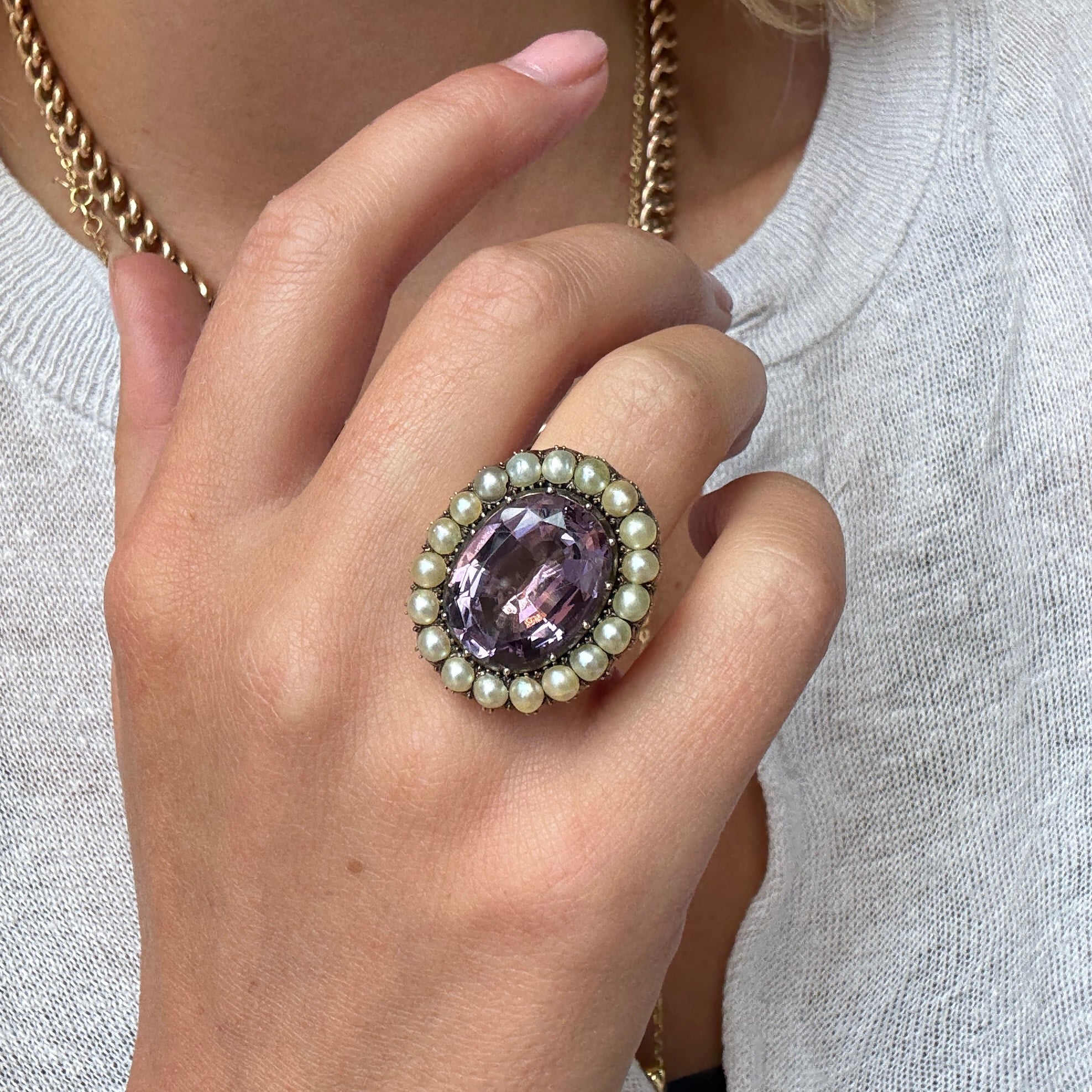 Georgian Amethyst and Natural Pearl Ring-Charlotte Sayers Antique Jewellery