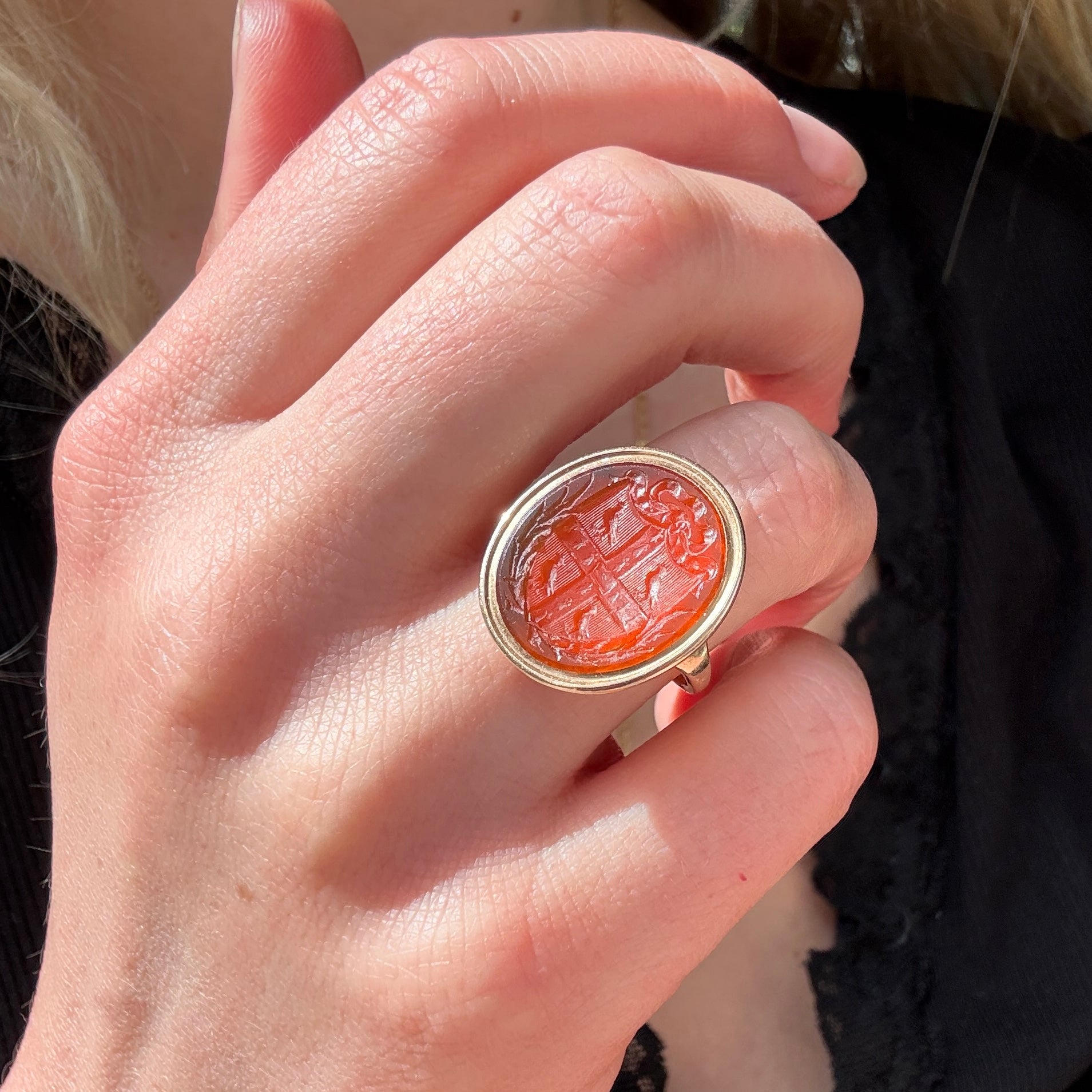 Georgian Armorial Crested Cornelian Intaglio Ring-Charlotte Sayers Antique Jewellery