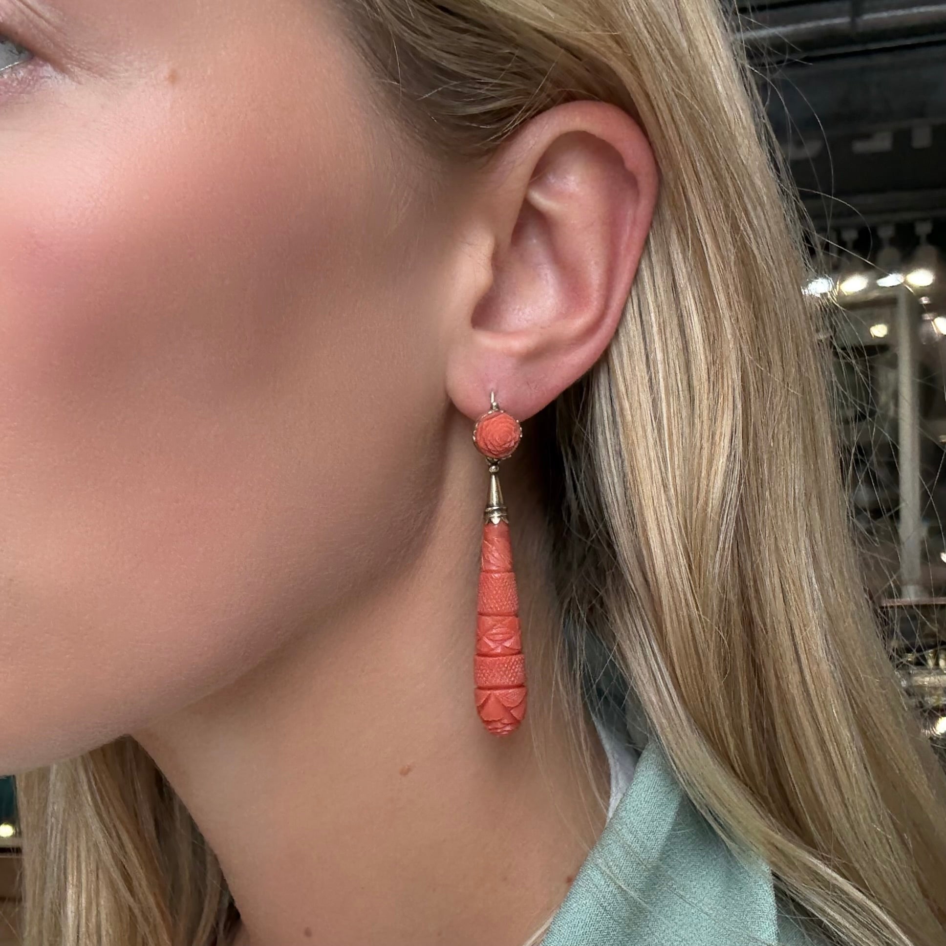 Georgian Carved Coral Drop Earrings-Charlotte Sayers Antique Jewellery