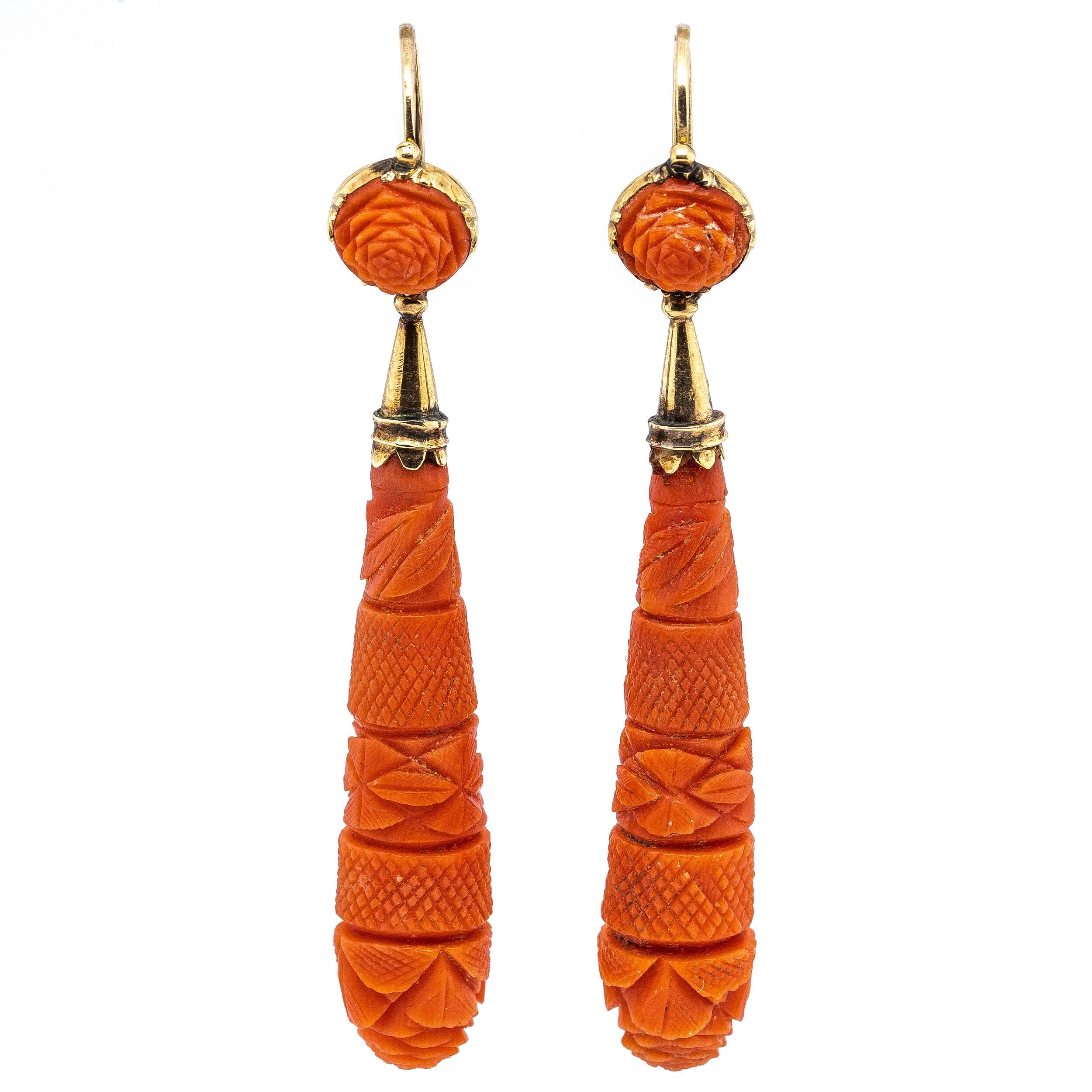 Georgian Carved Coral Drop Earrings-Charlotte Sayers Antique Jewellery